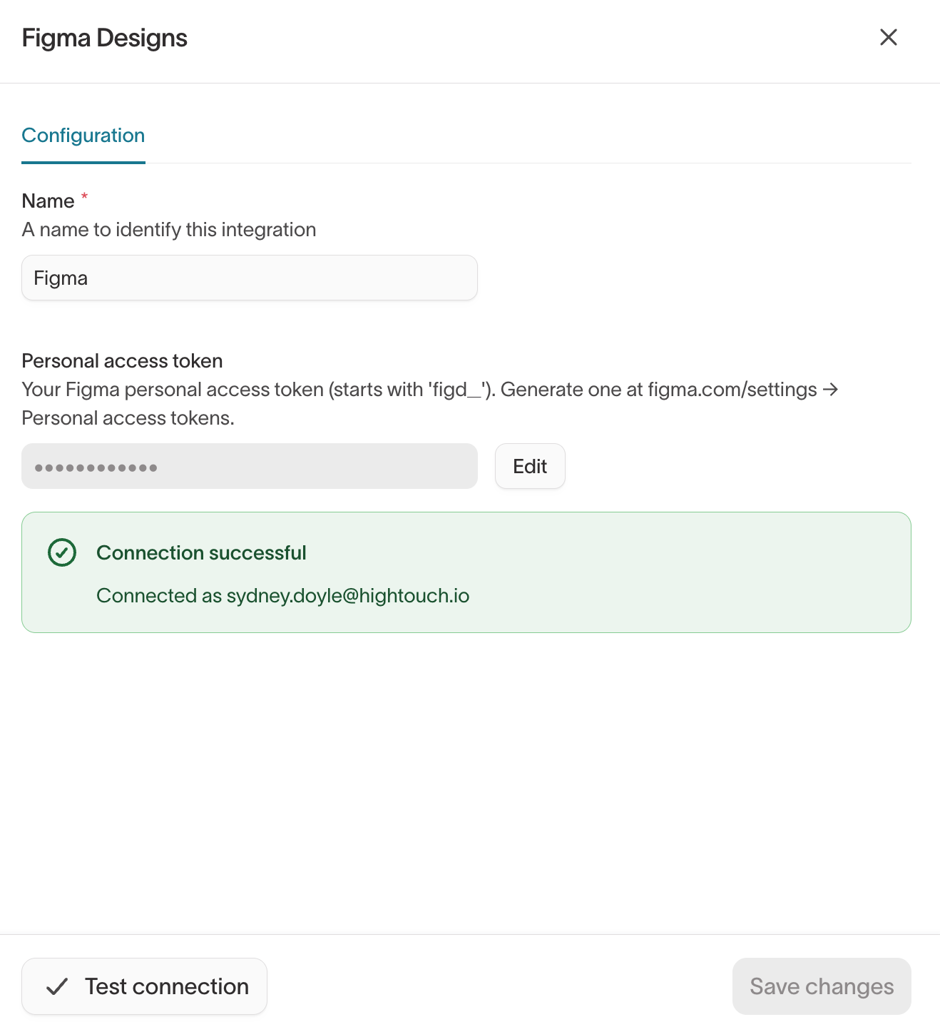 Figma Designs configuration with a Connection successful message