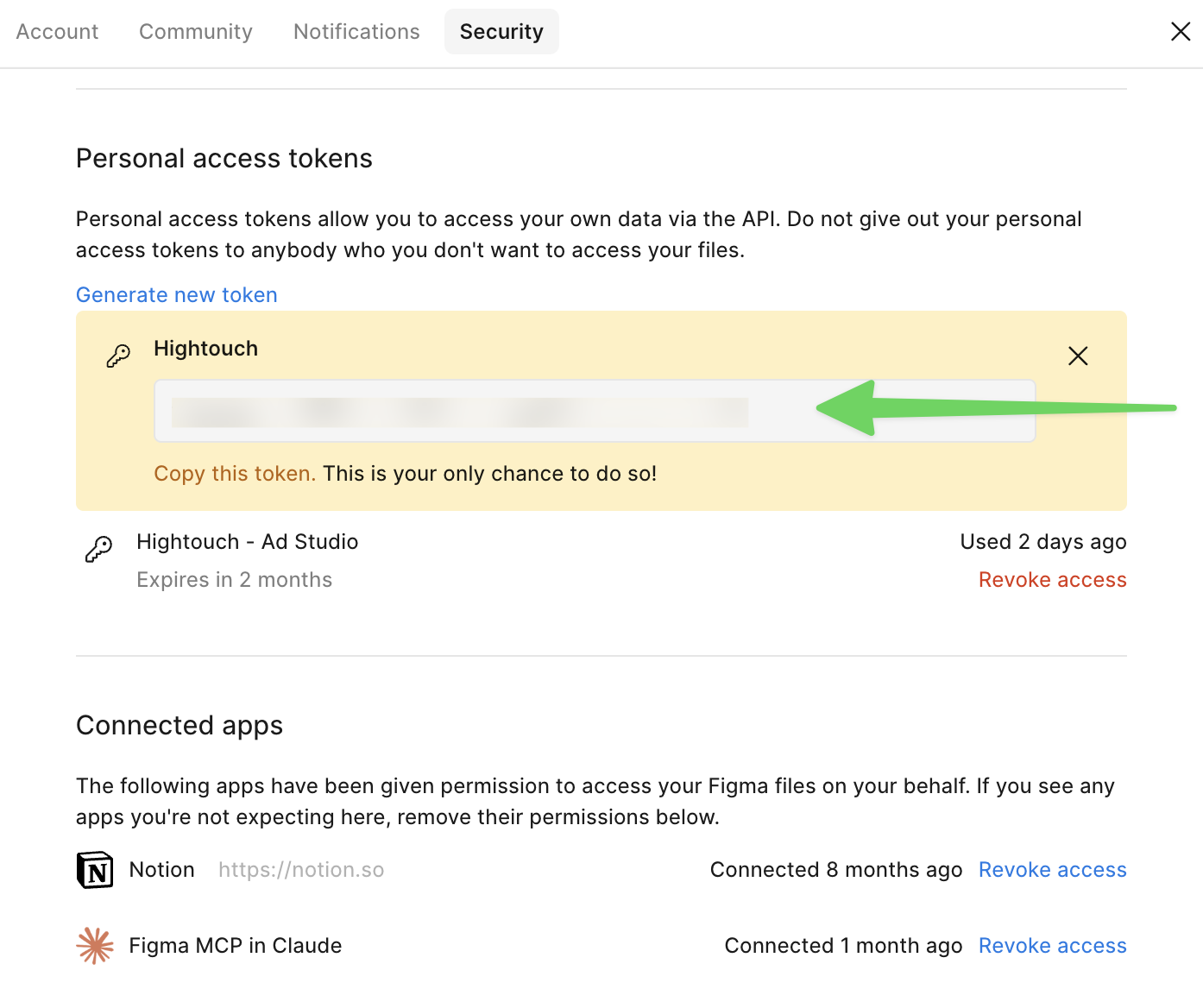New Figma personal access token with a prompt to copy it now
