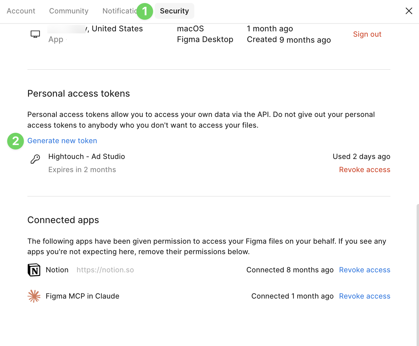 Figma Security settings with the Personal access tokens section and Generate new token link