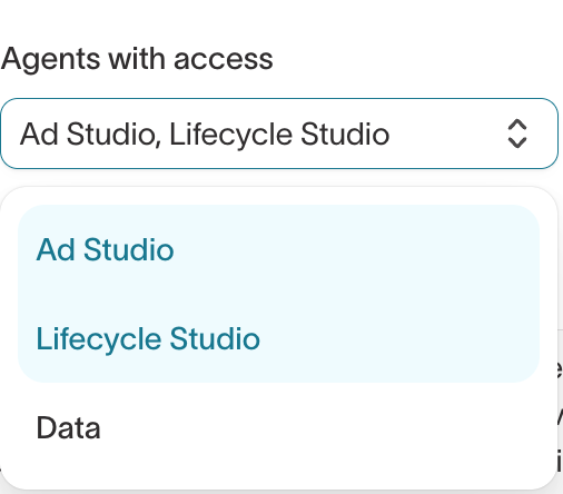 Agents with access menu with Ad Studio and Lifecycle Studio selected and Data available