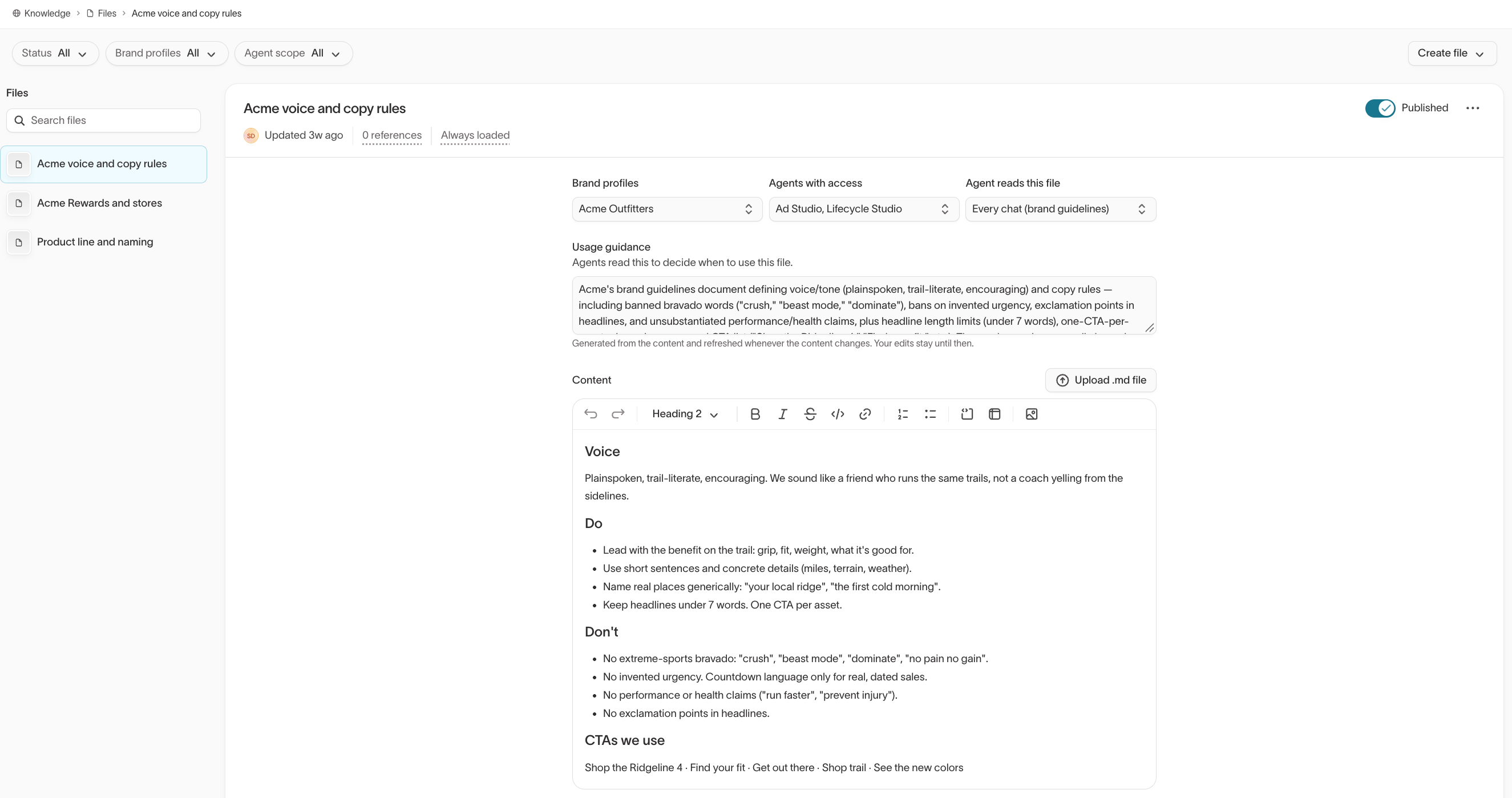 File detail with Brand profiles, Agents with access, Agent reads this file set to Every chat (brand guidelines), and Usage guidance