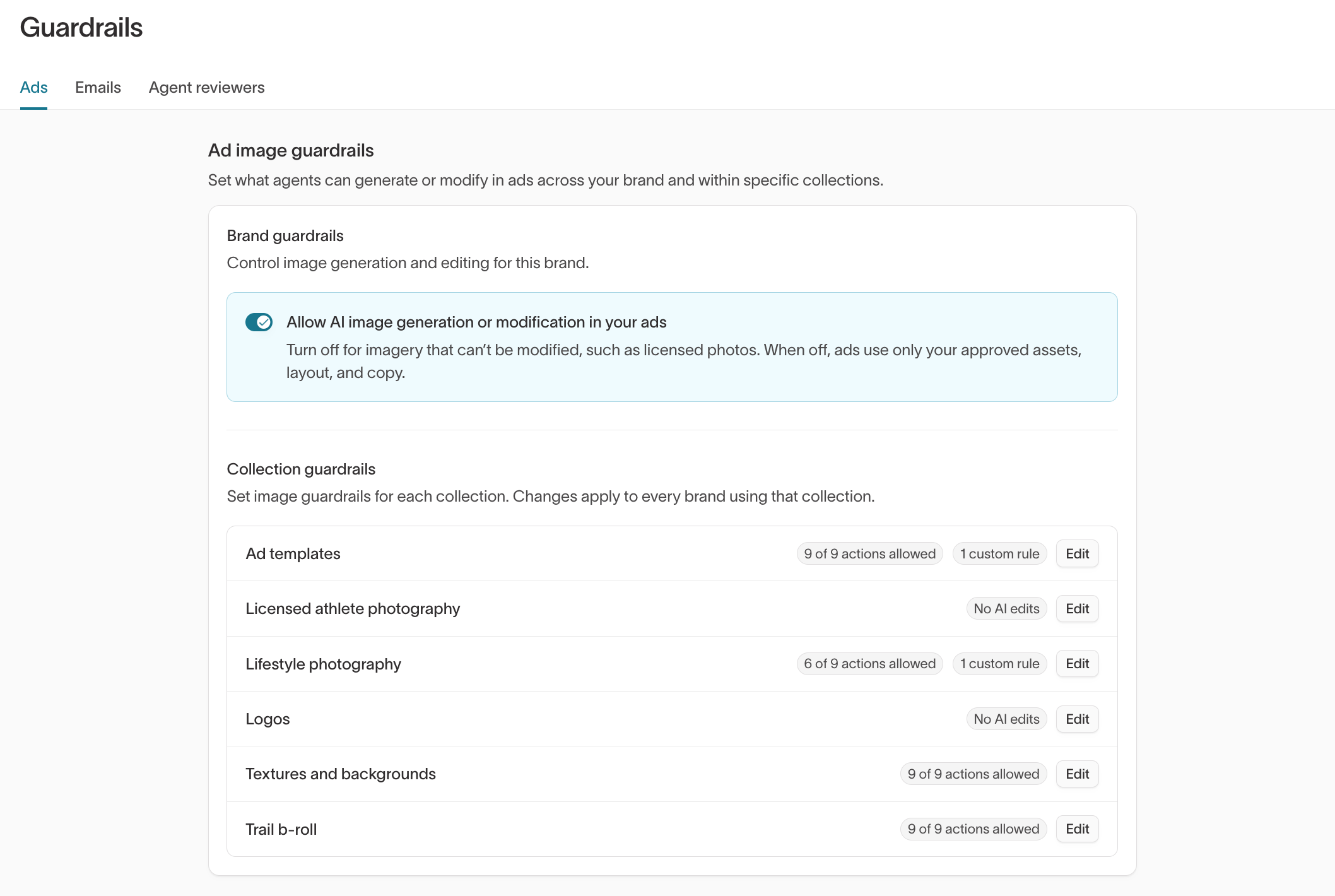 Ads tab with the brand guardrail toggle and collection guardrails for each asset collection