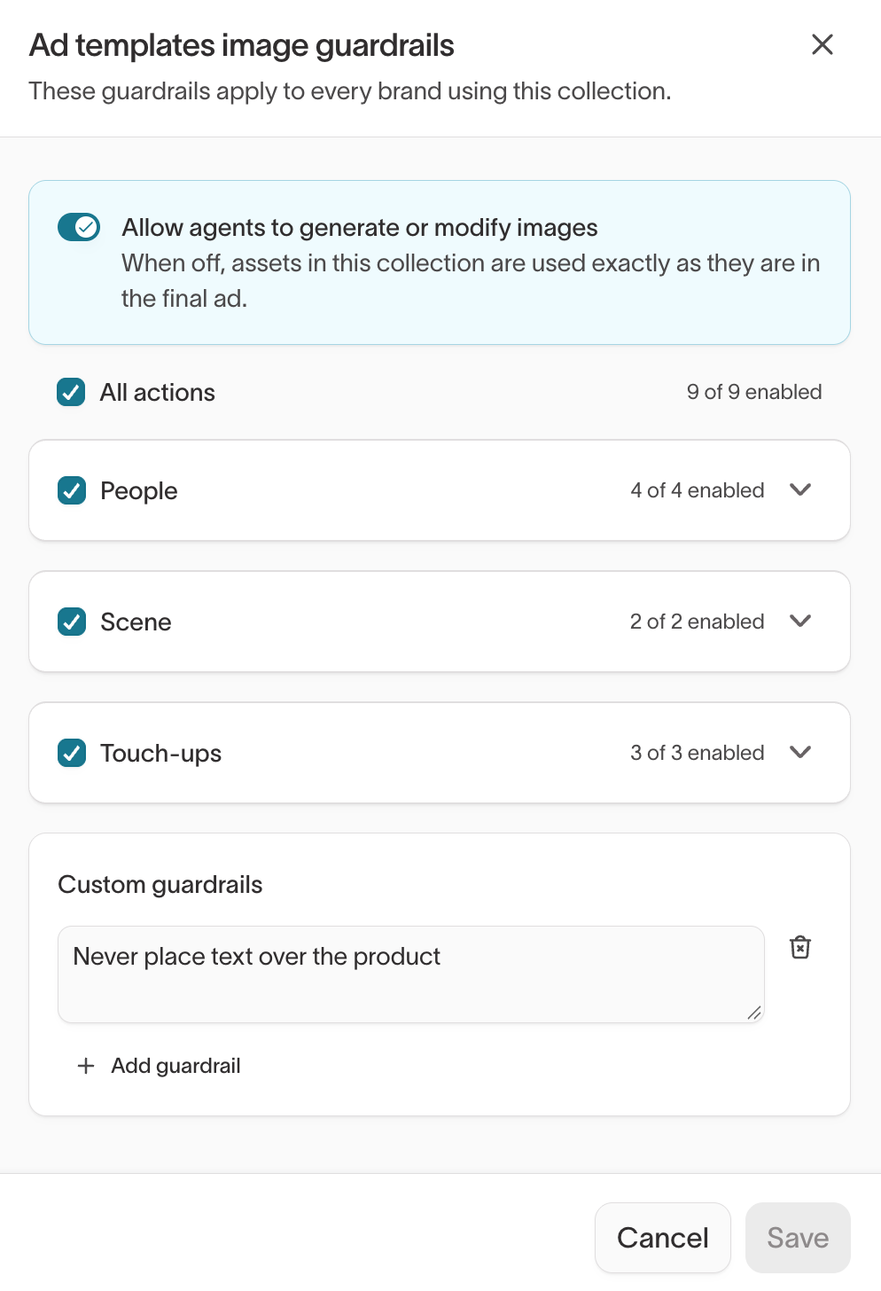 Collection guardrails dialog with the image toggle, People, Scene, and Touch-ups actions, and a custom guardrail