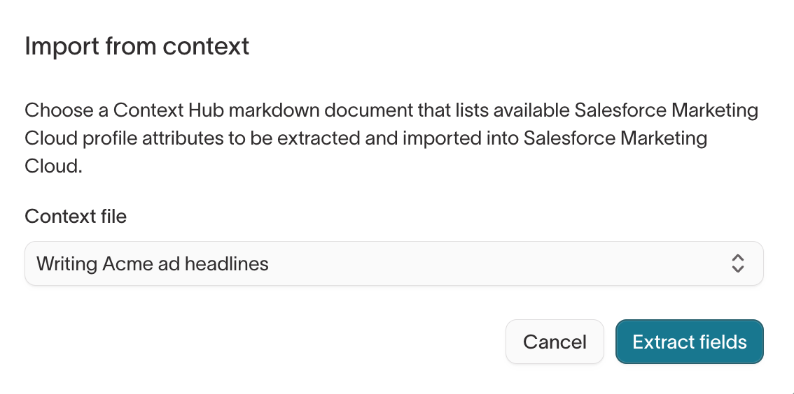 Import from context dialog with a context file selected and the Extract fields button