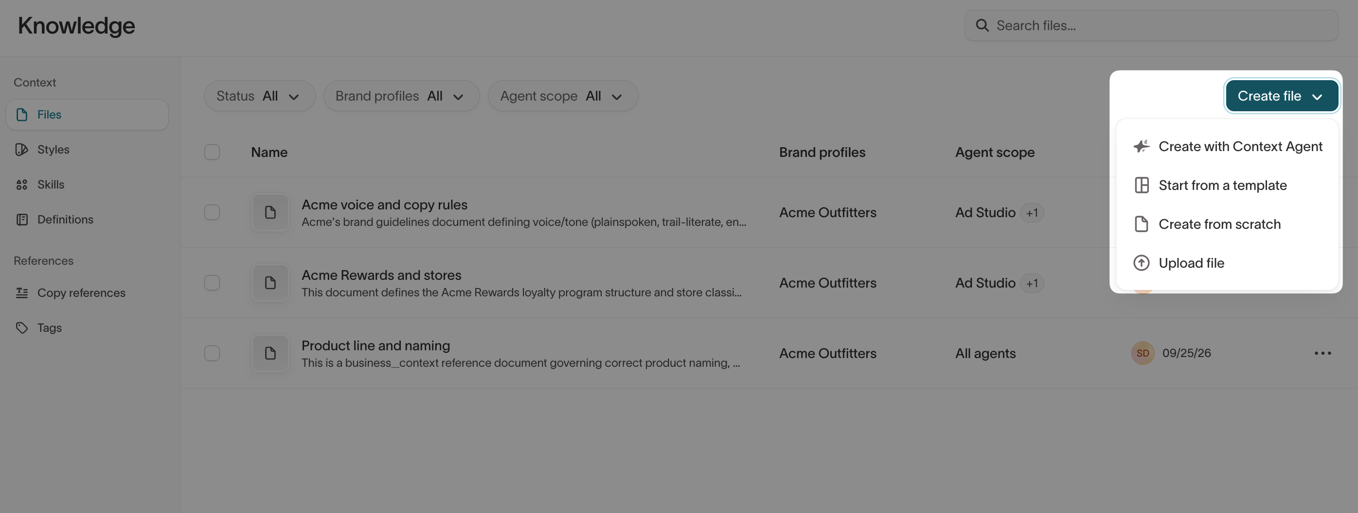 Knowledge Files list with the Create file menu open