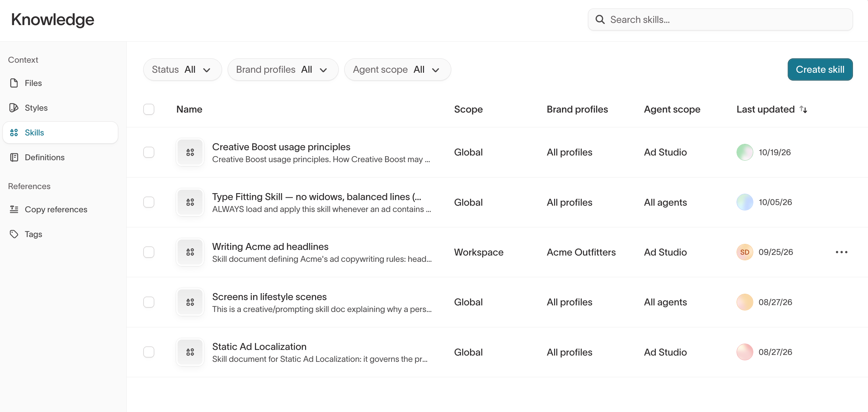 Skills list in Knowledge with scope, brand profiles, and agent scope for each skill