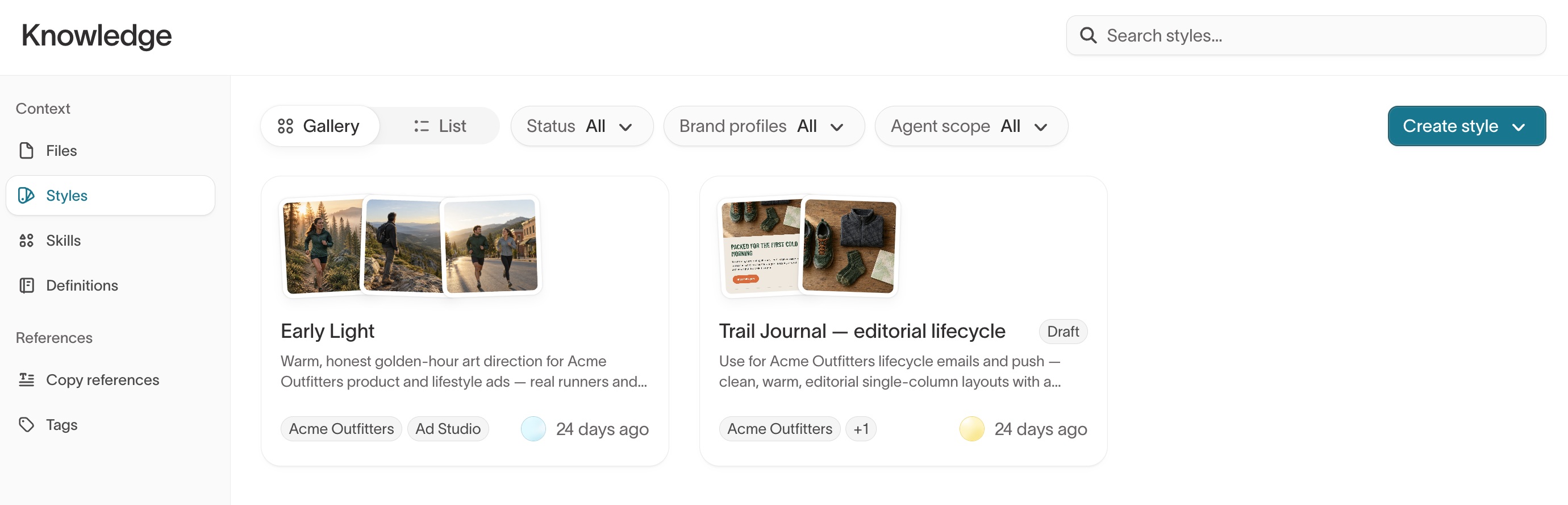 Styles gallery in Knowledge with the Create style menu