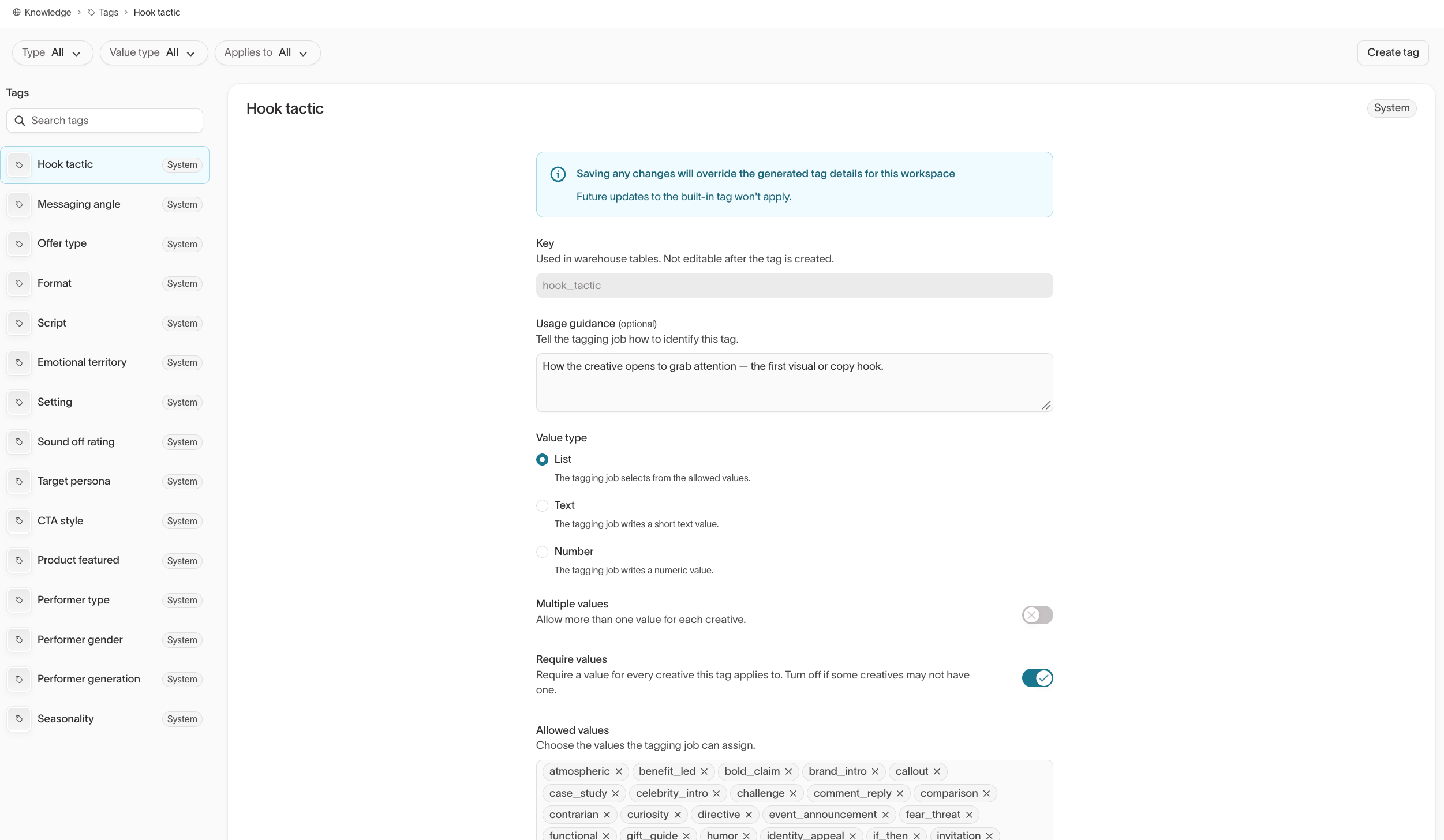 Hook tactic system tag with the notice that saving changes overrides the built-in tag for this workspace
