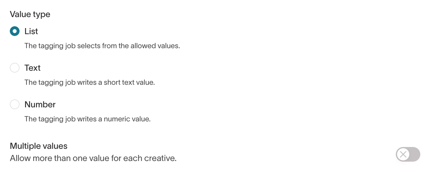 Value type options for a tag: List, Text, and Number