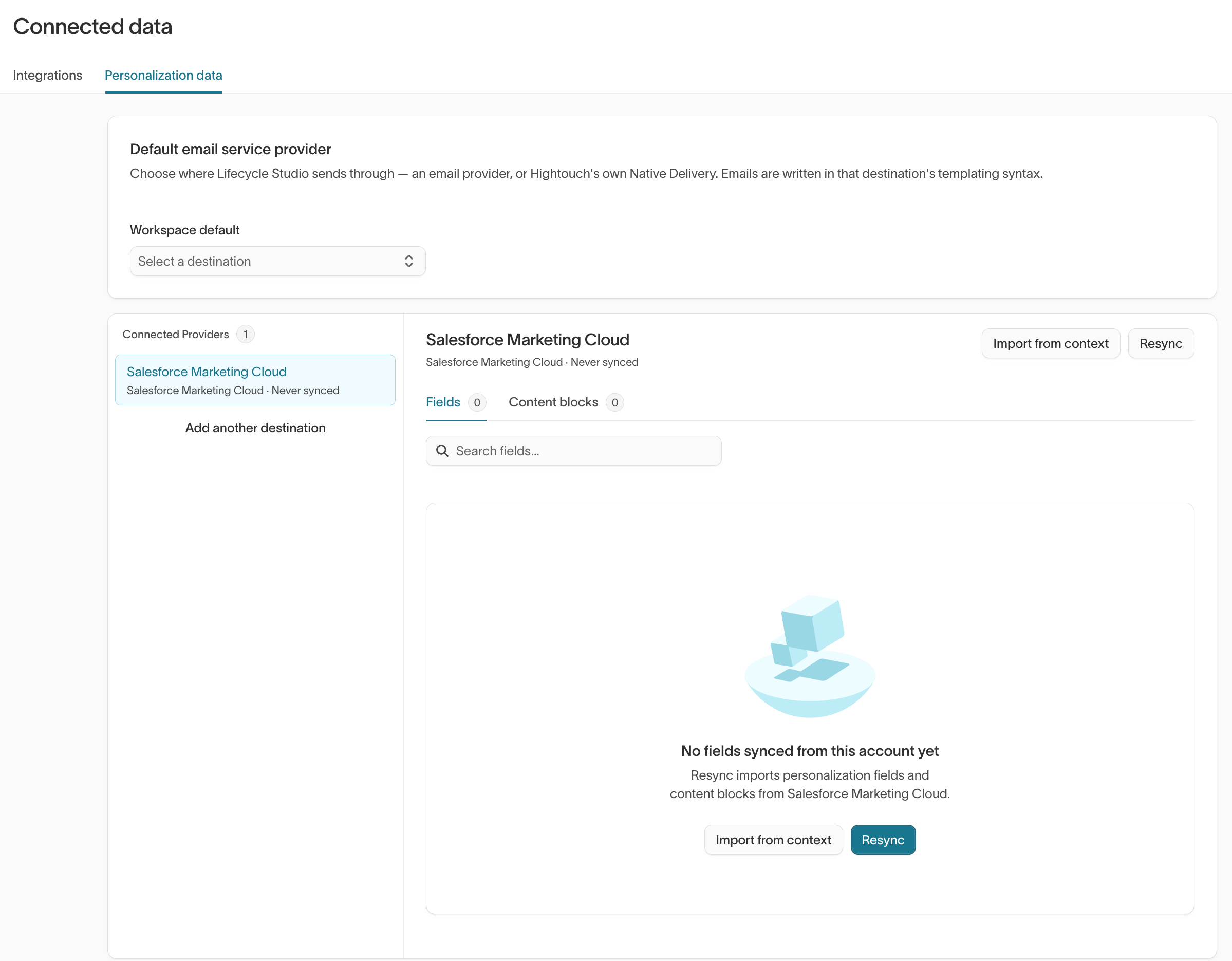 Personalization data tab with the Workspace default picker and a connected Salesforce Marketing Cloud account