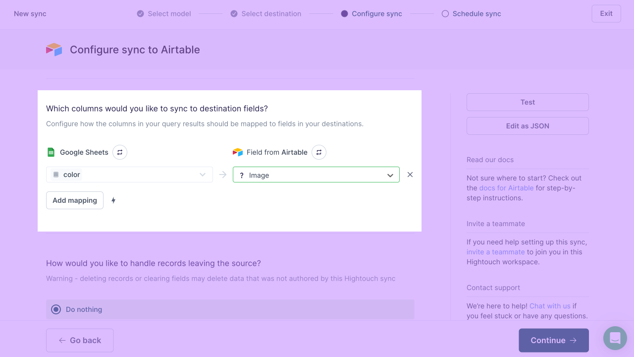 Airtable field mapping in the Hightouch UI