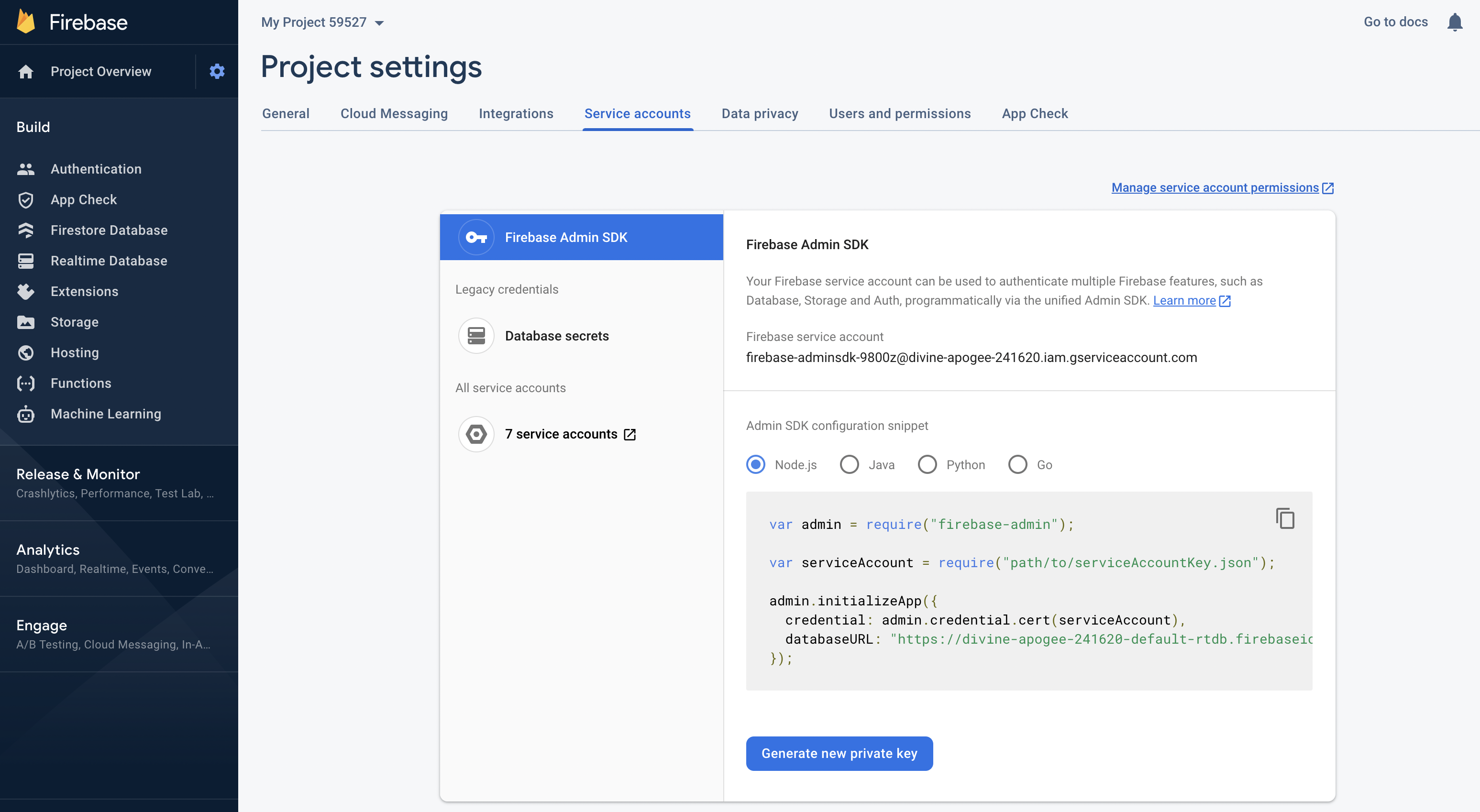 Firestore Firebase credentials