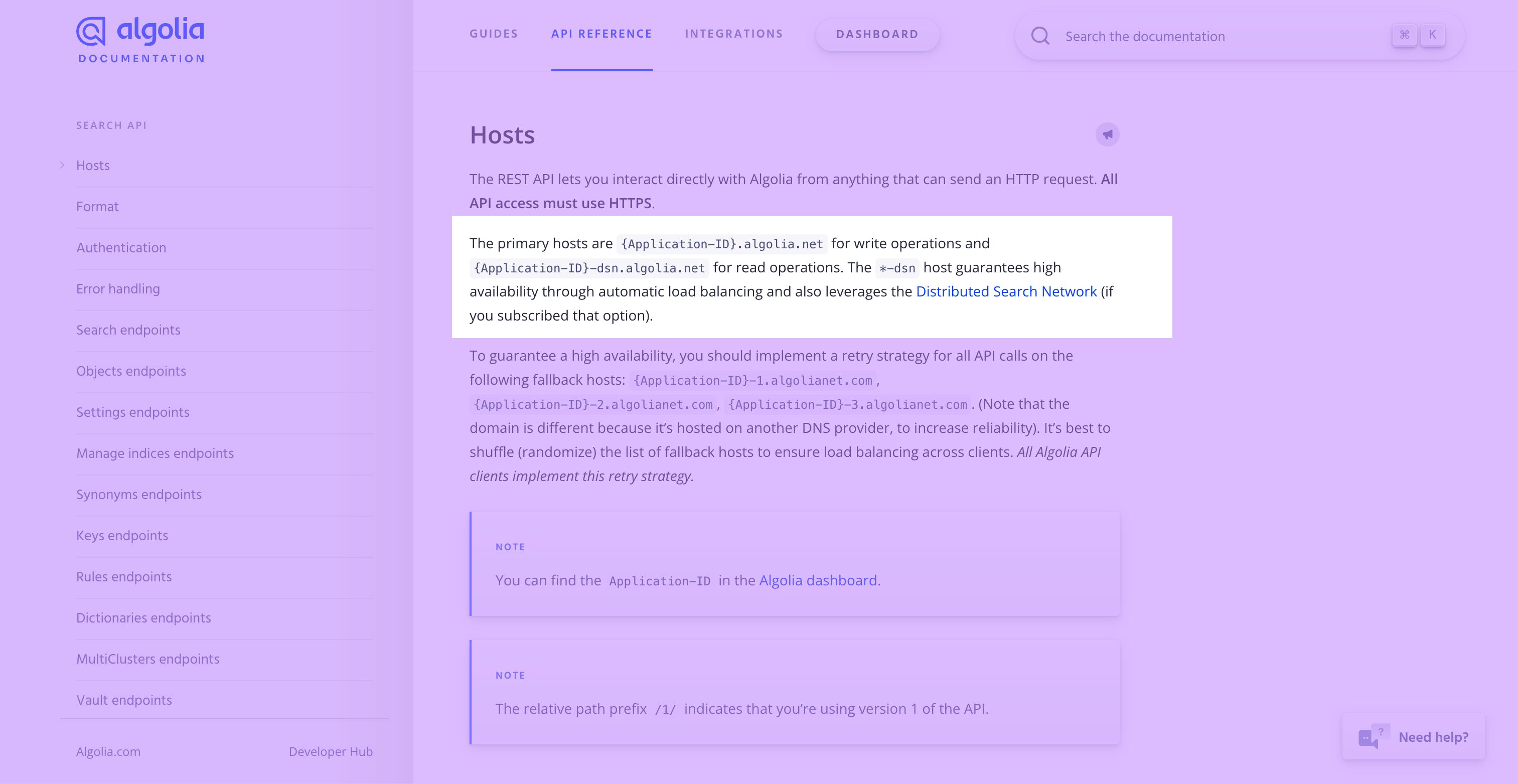 Screenshot of Algolia's docs