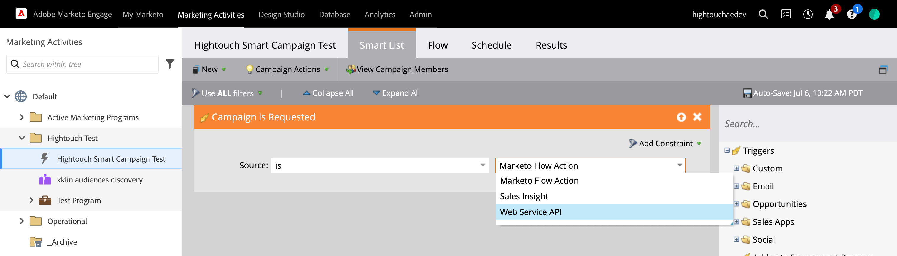 Campaign trigger setup in the Marketo UI