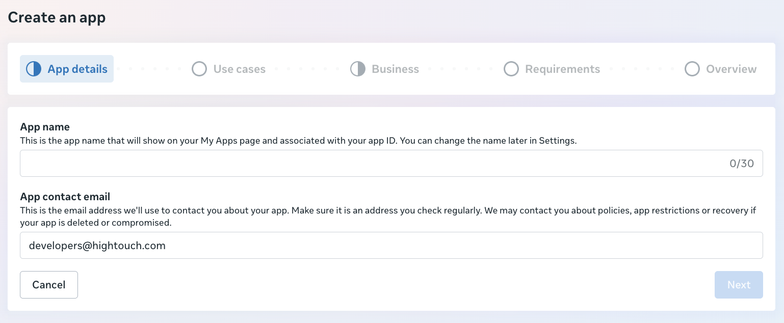 Entering the app name and contact email on the App details step
