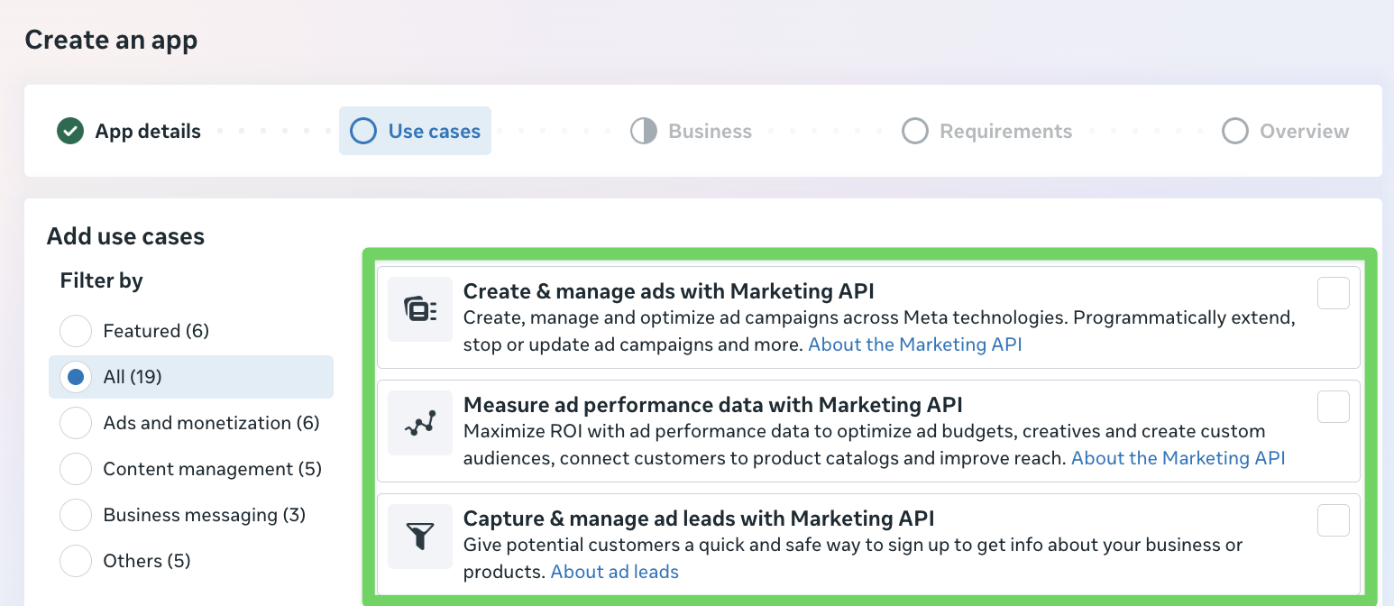 Selecting a Marketing API use case during app creation
