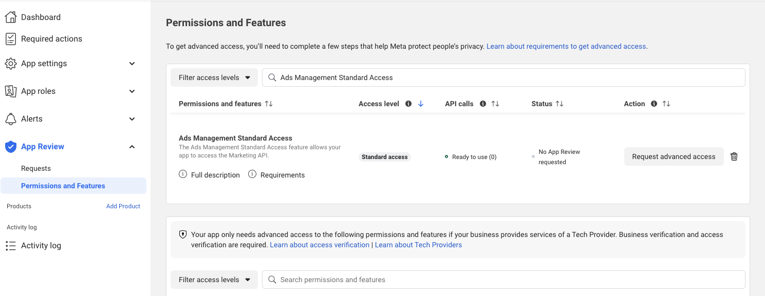 Screenshot of the Meta Business account UI