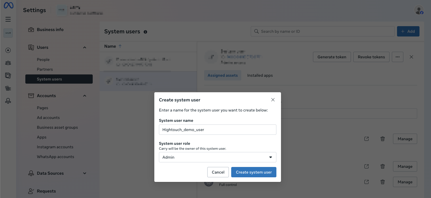 Screenshot of the Meta Business account UI
