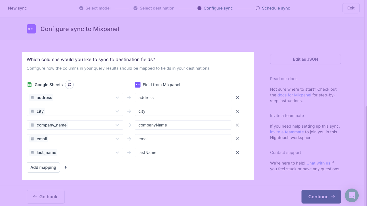 Field mapping to custom fields in the Hightouch UI