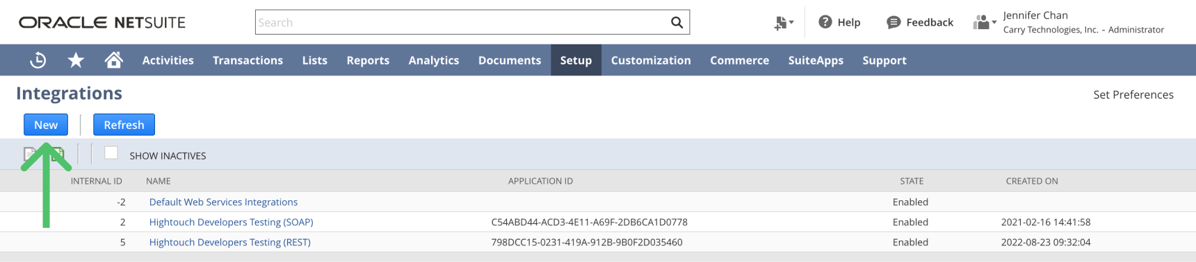 Integrations page in NetSuite