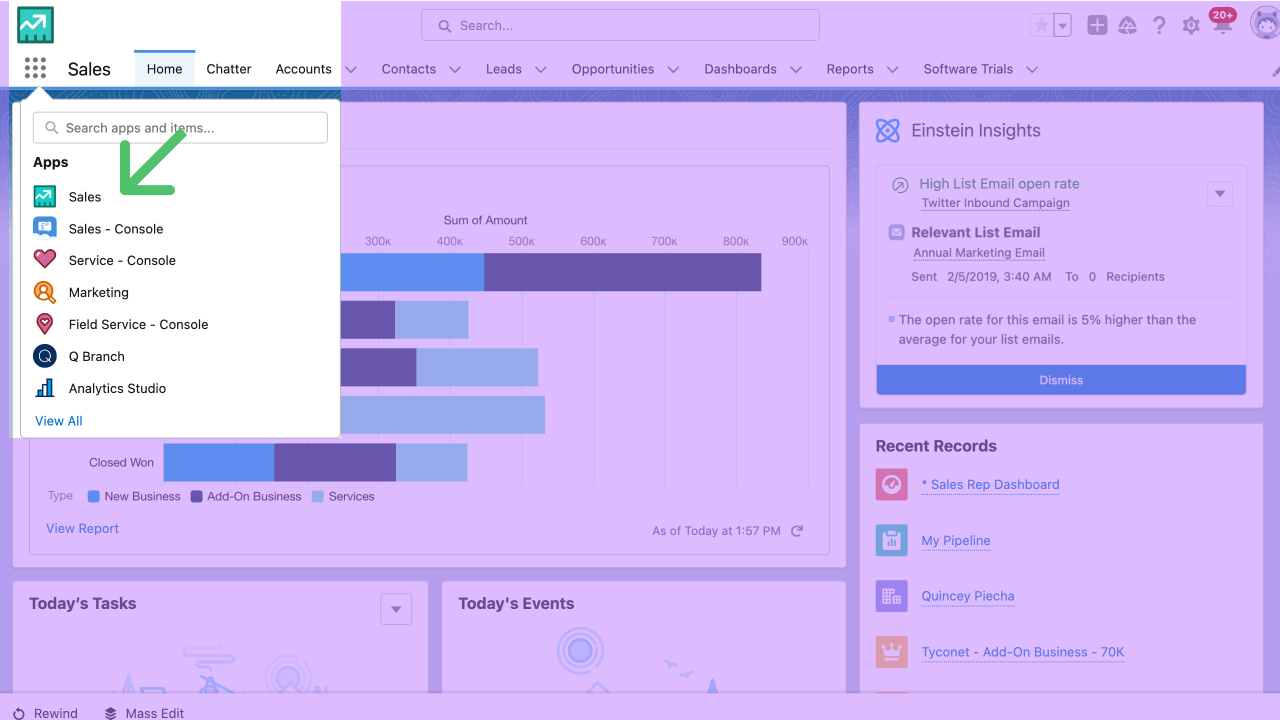 Screenshot of Salesforce Sales module homepage