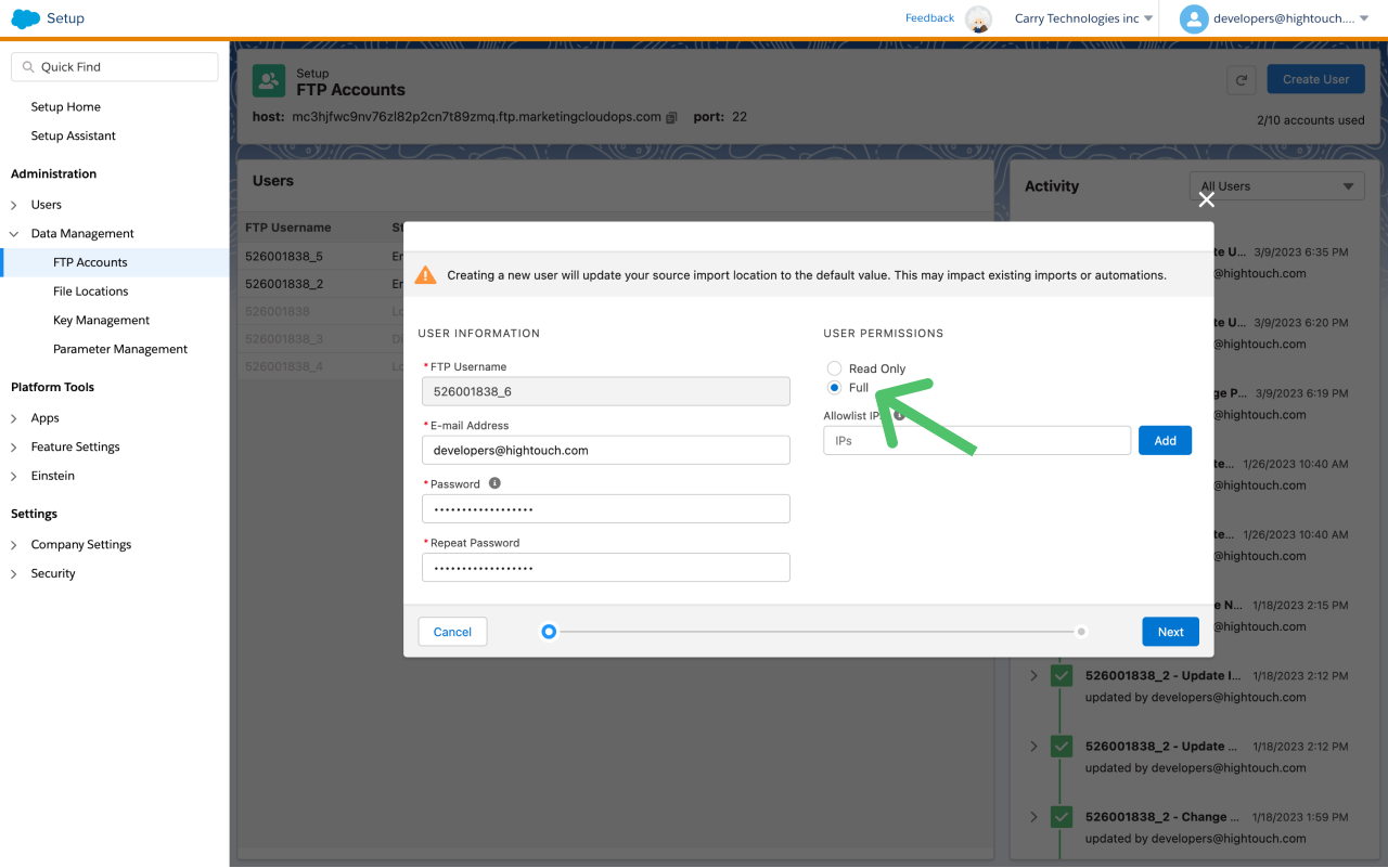 FTP User creation in SFMC