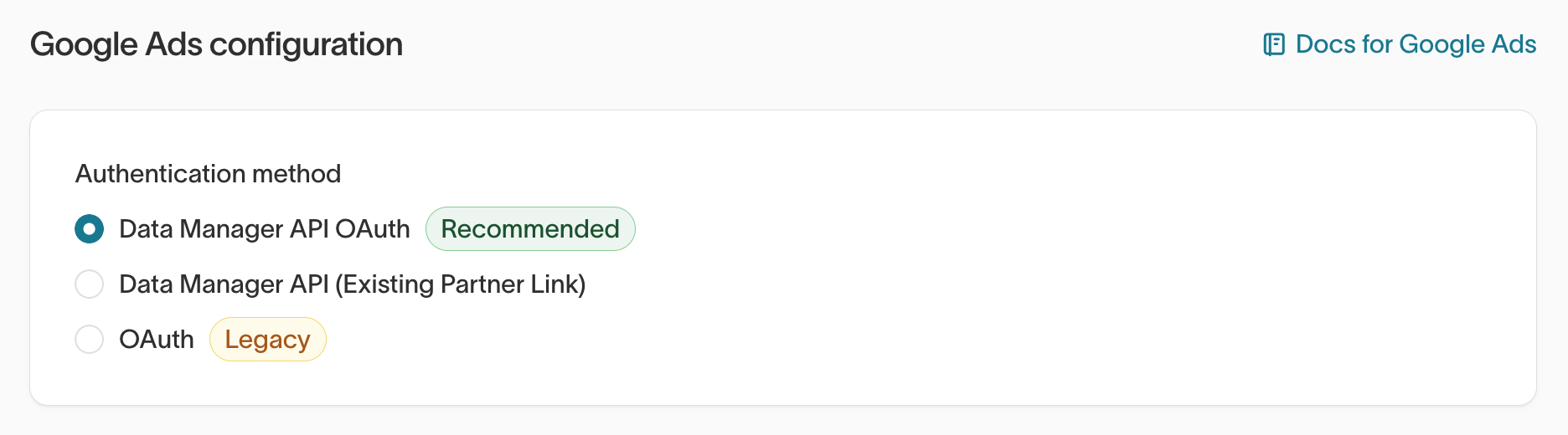 Authentication method options showing Data Manager API OAuth selected