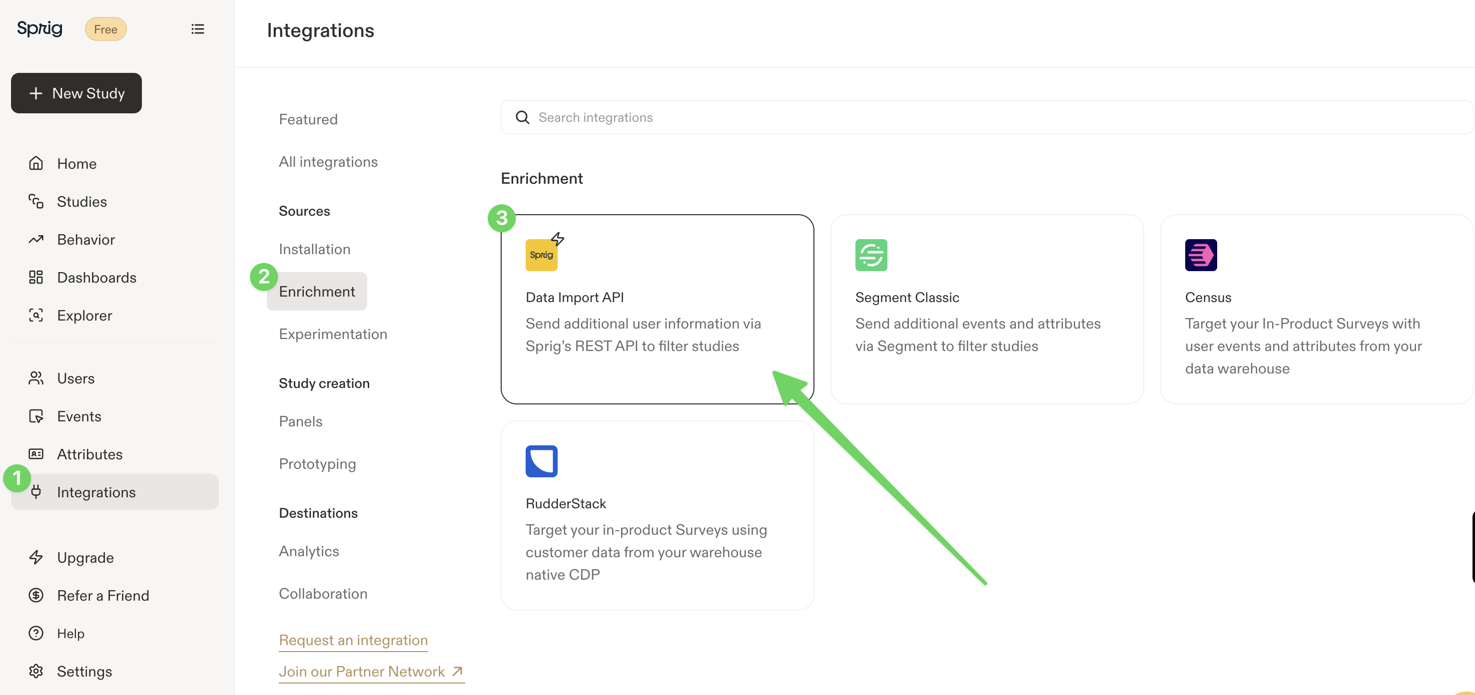 Locating the Data Import API in Sprig's Integrations page