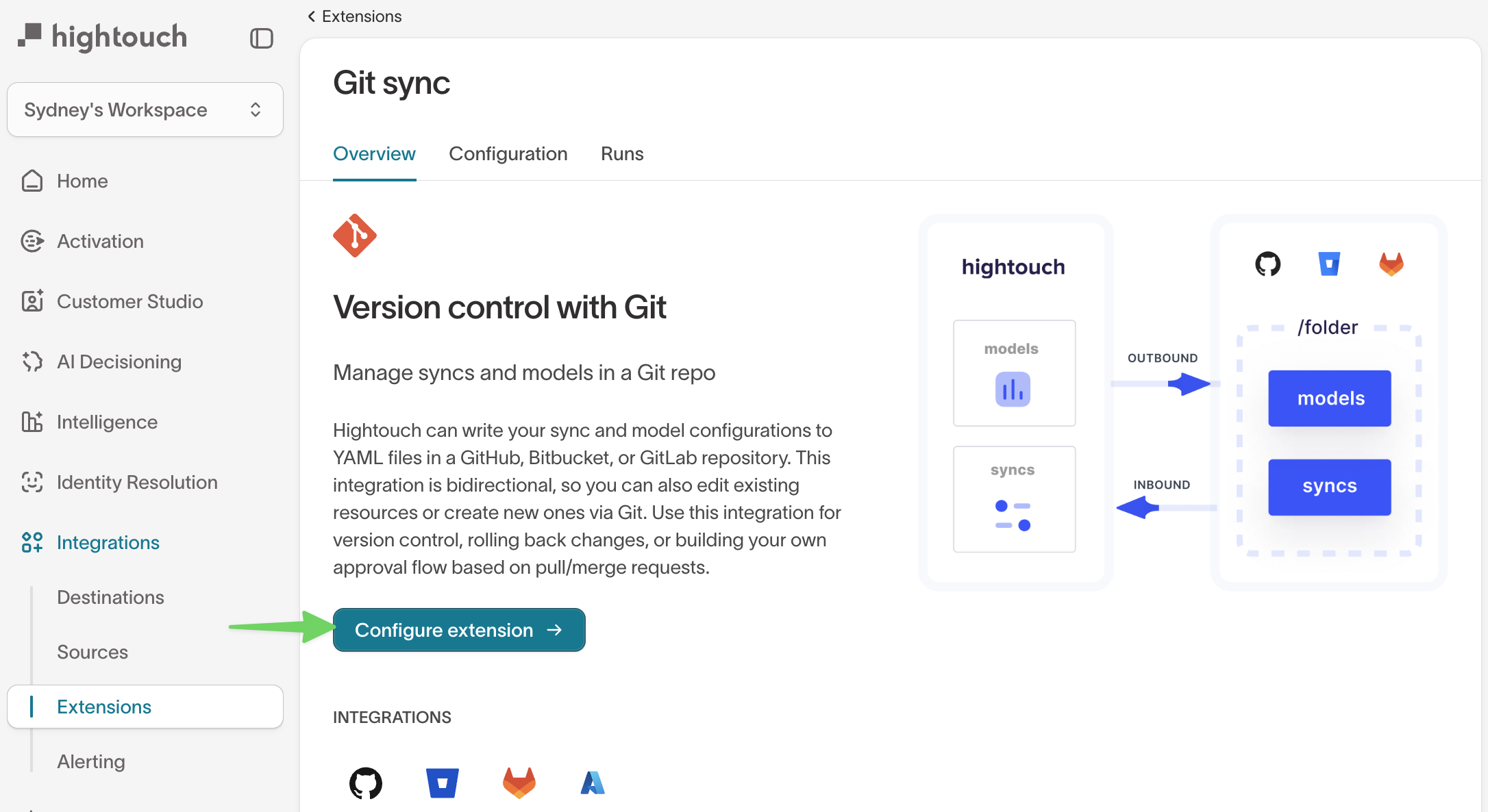 Configure git sync modal in Hightouch