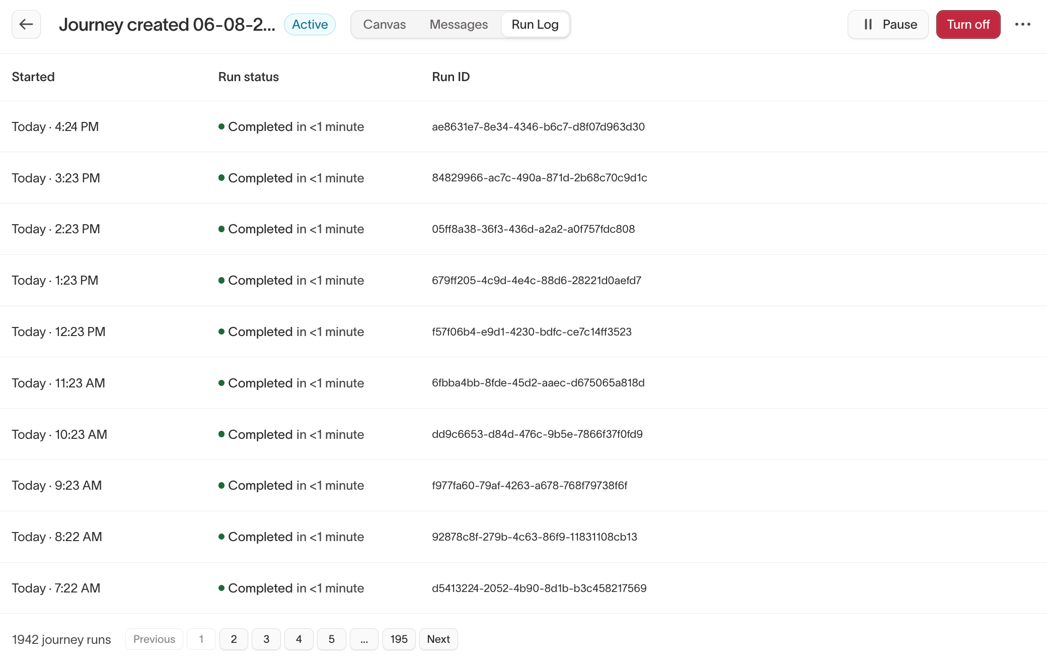 The Run Log tab showing each journey run's start time, status, and run ID