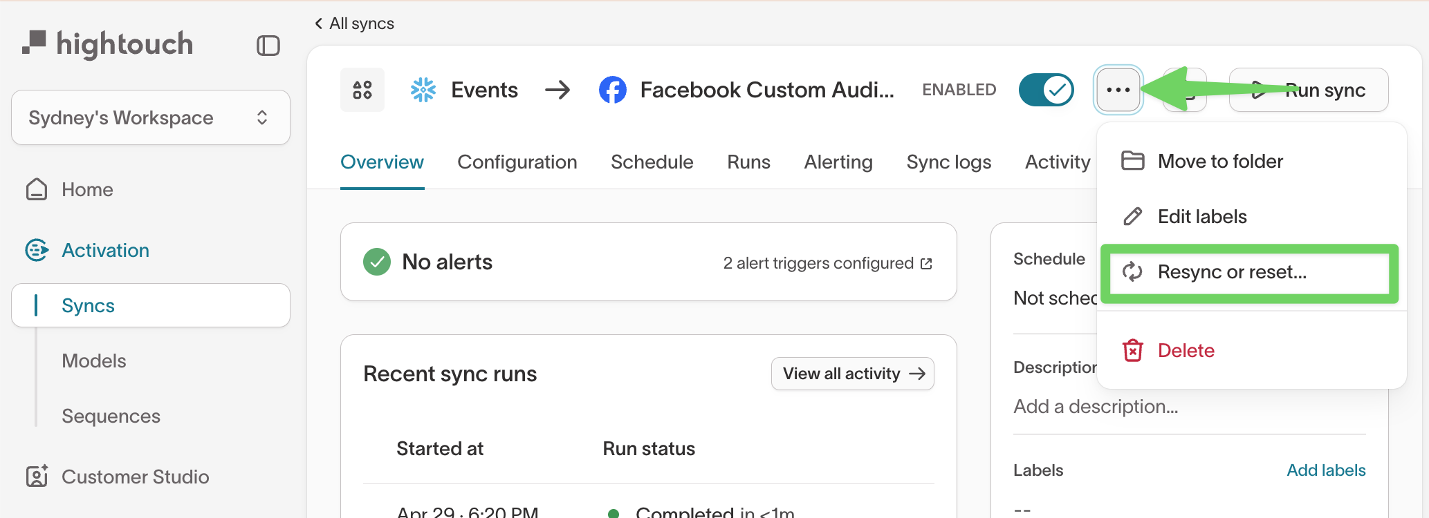 The Syncs page in Hightouch, with the “Resync or reset…” option highlighted in the three-dot menu