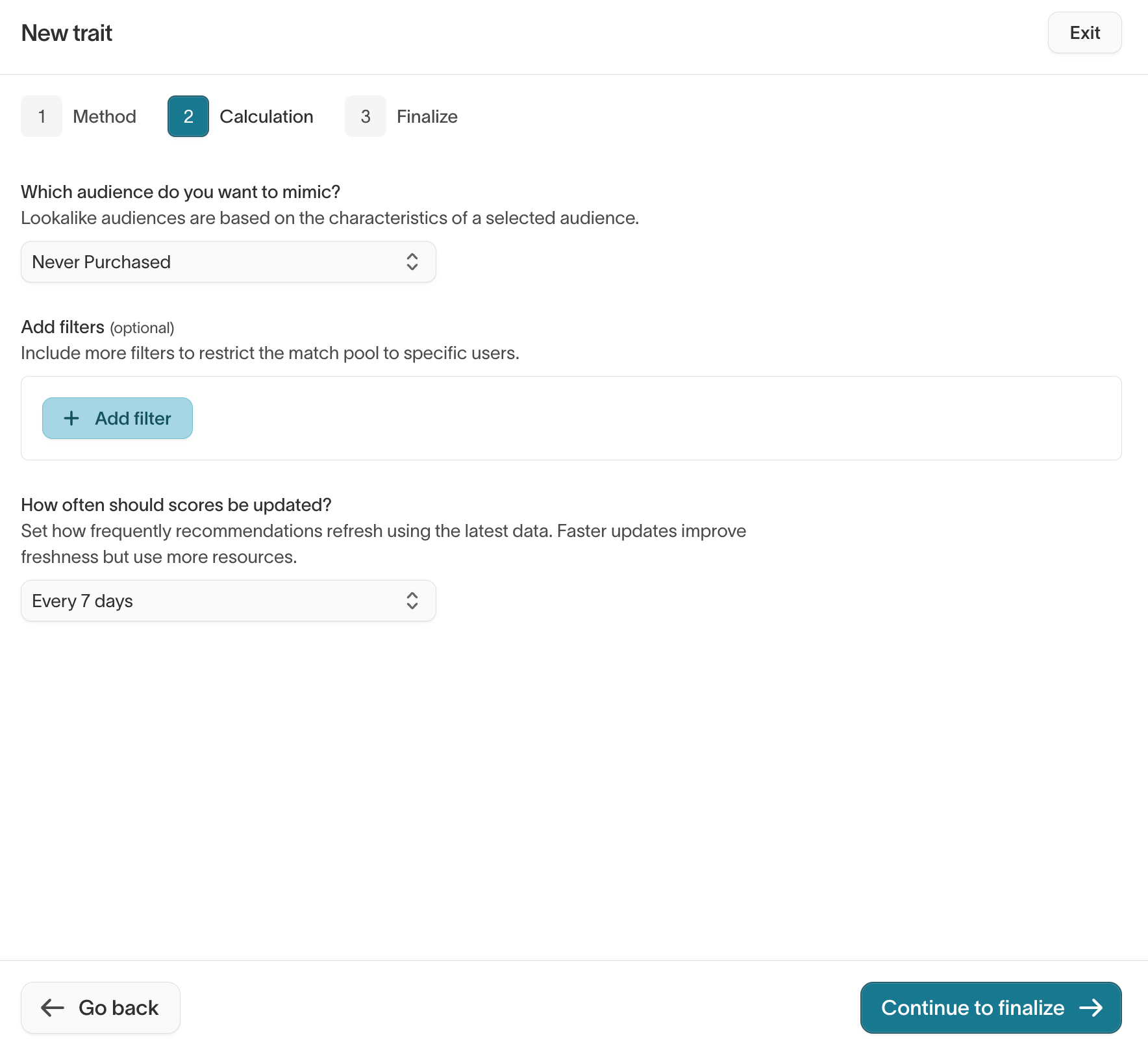 Calculation step showing source audience selection, match pool filters, and update schedule
