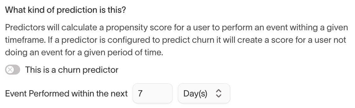Timeframe configuration showing prediction window and churn predictor toggle