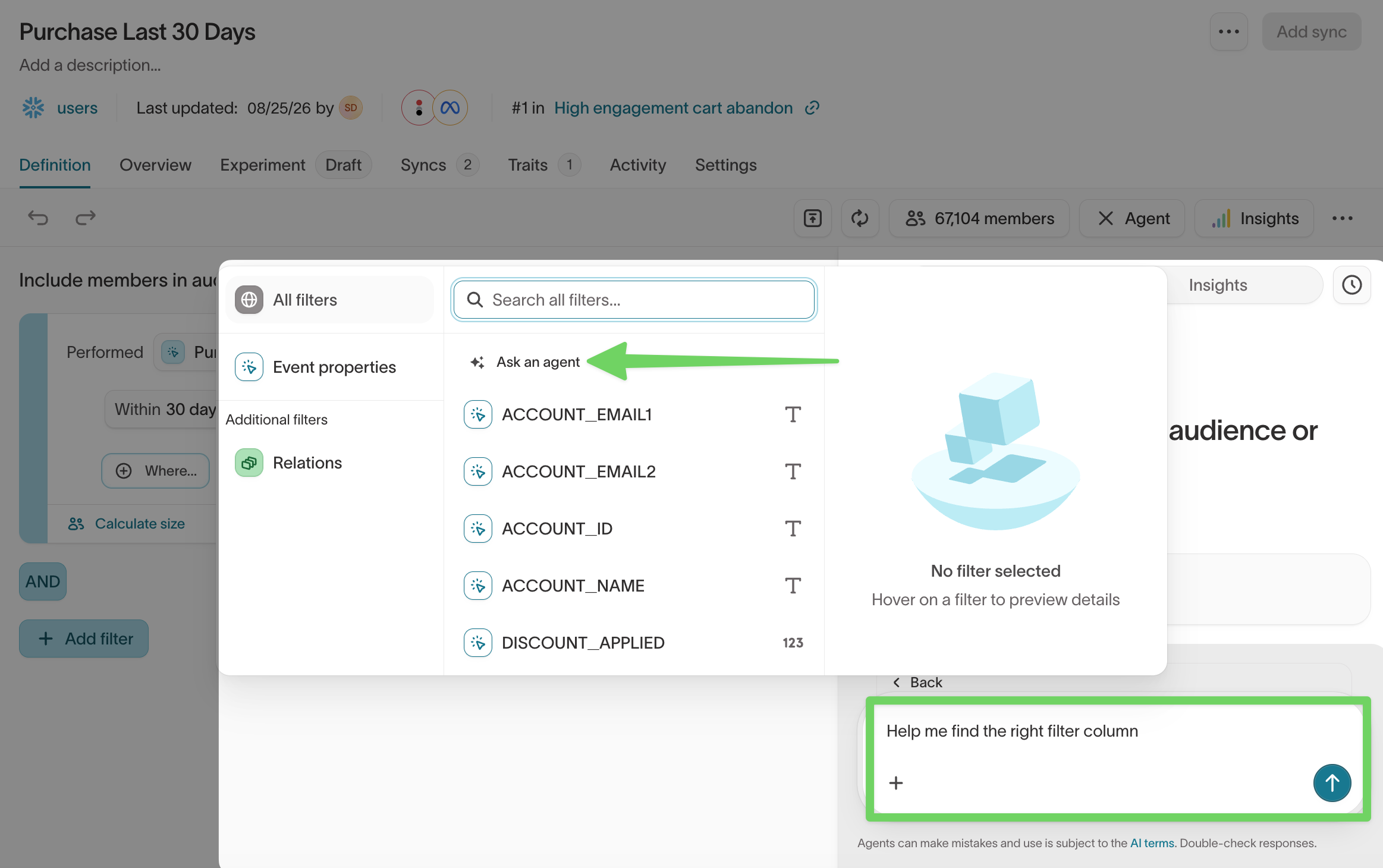 Ask an agent to find the right filter from the filter picker