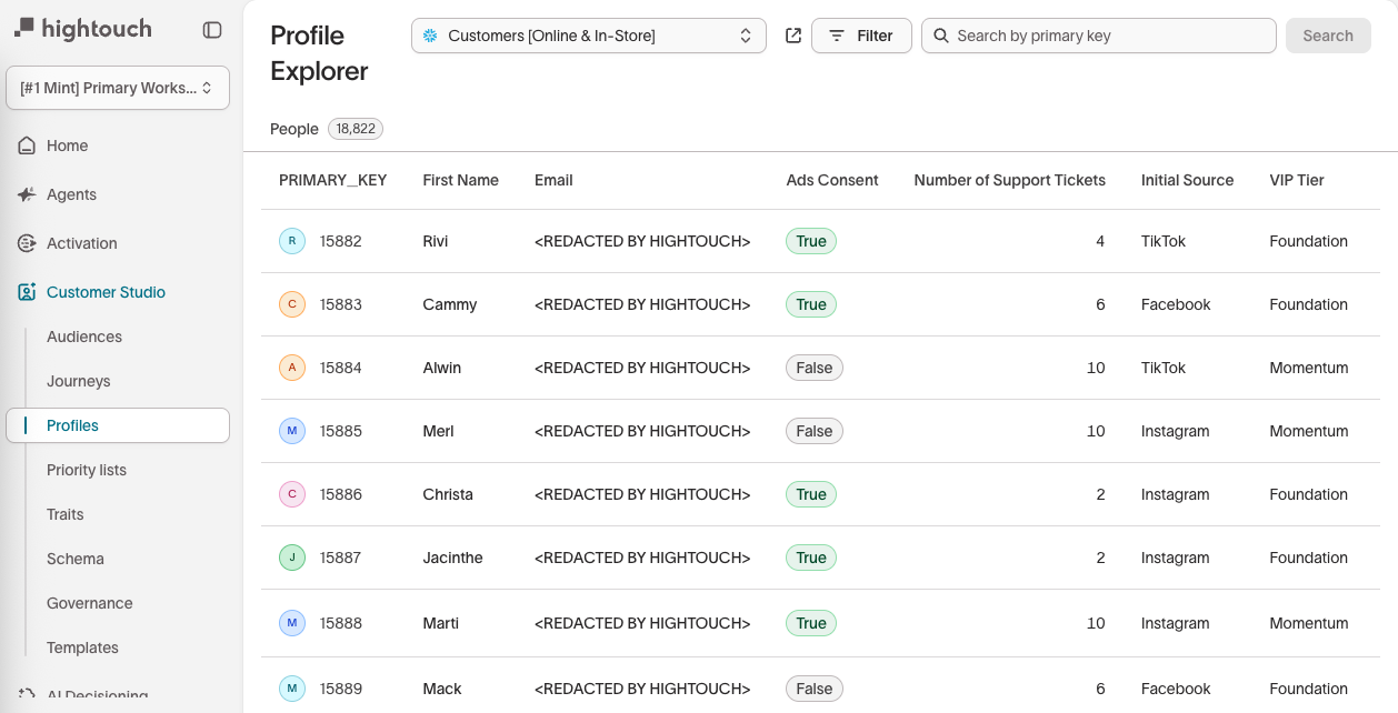 Browse member profile list in Hightouch