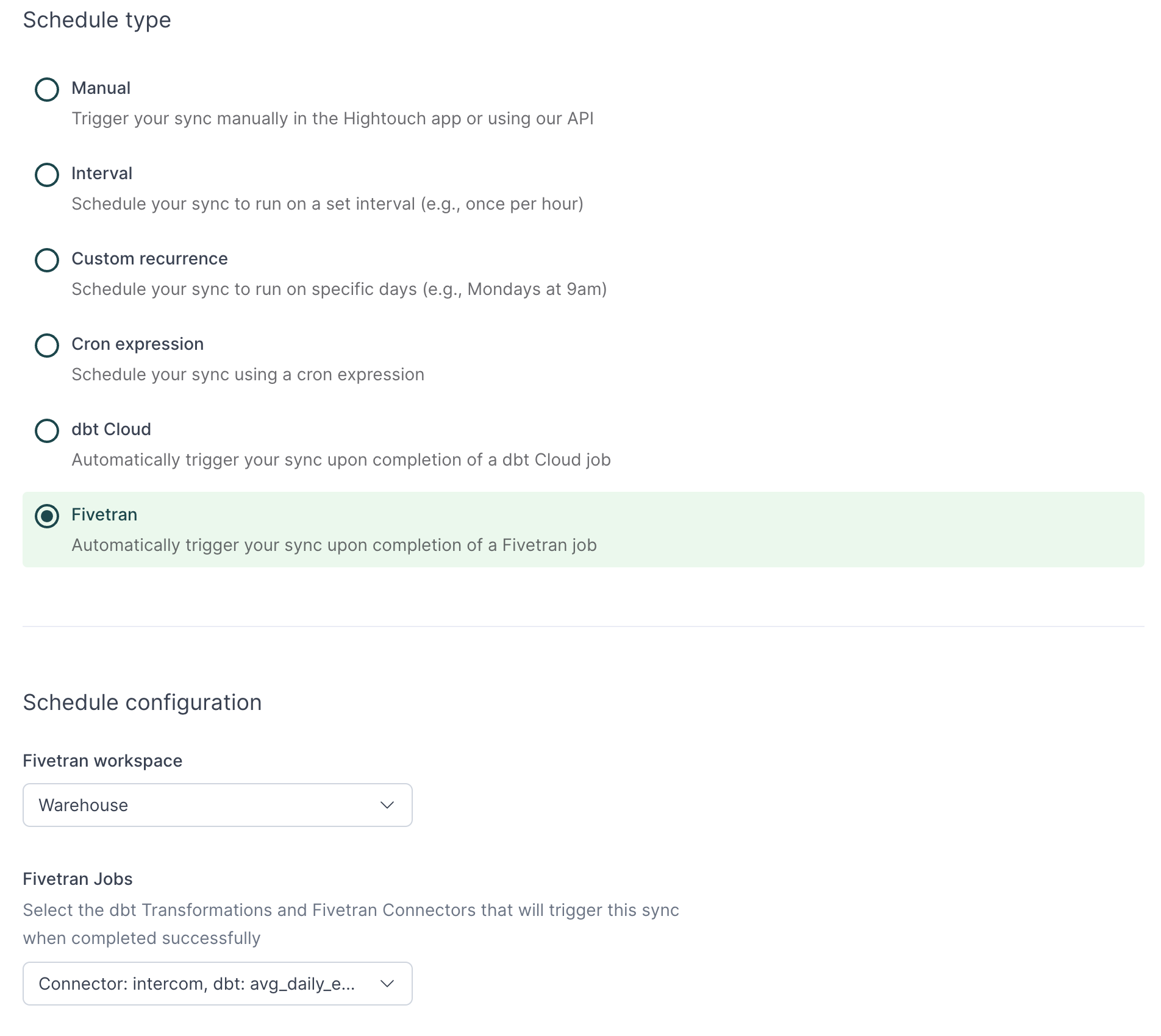 Fivetran schedule configuration in the Hightouch UI