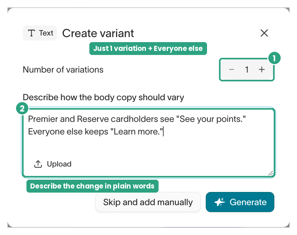 Create variant dialog for a text element with one variation and a description of the button change