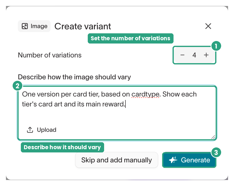 Create variant dialog with the number of variations set to 4 and a description of how the image should vary