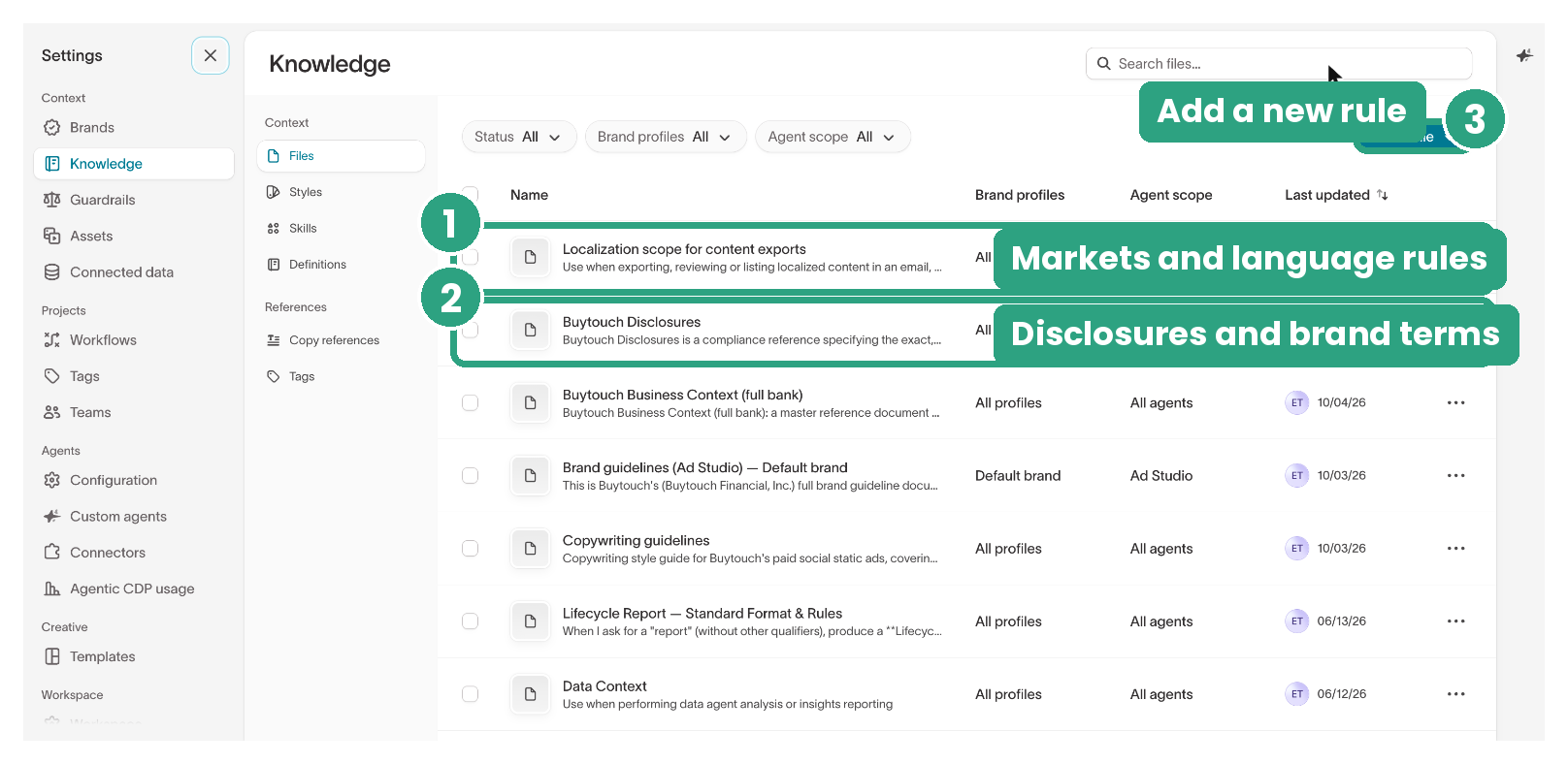 Knowledge Files list with a localization rules file and a disclosures file
