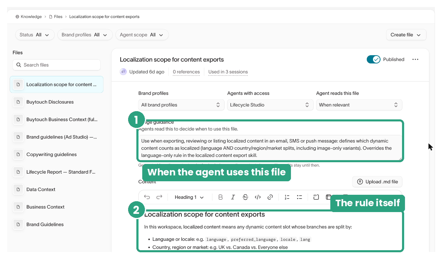 A saved localization file with its usage guidance and the rule content
