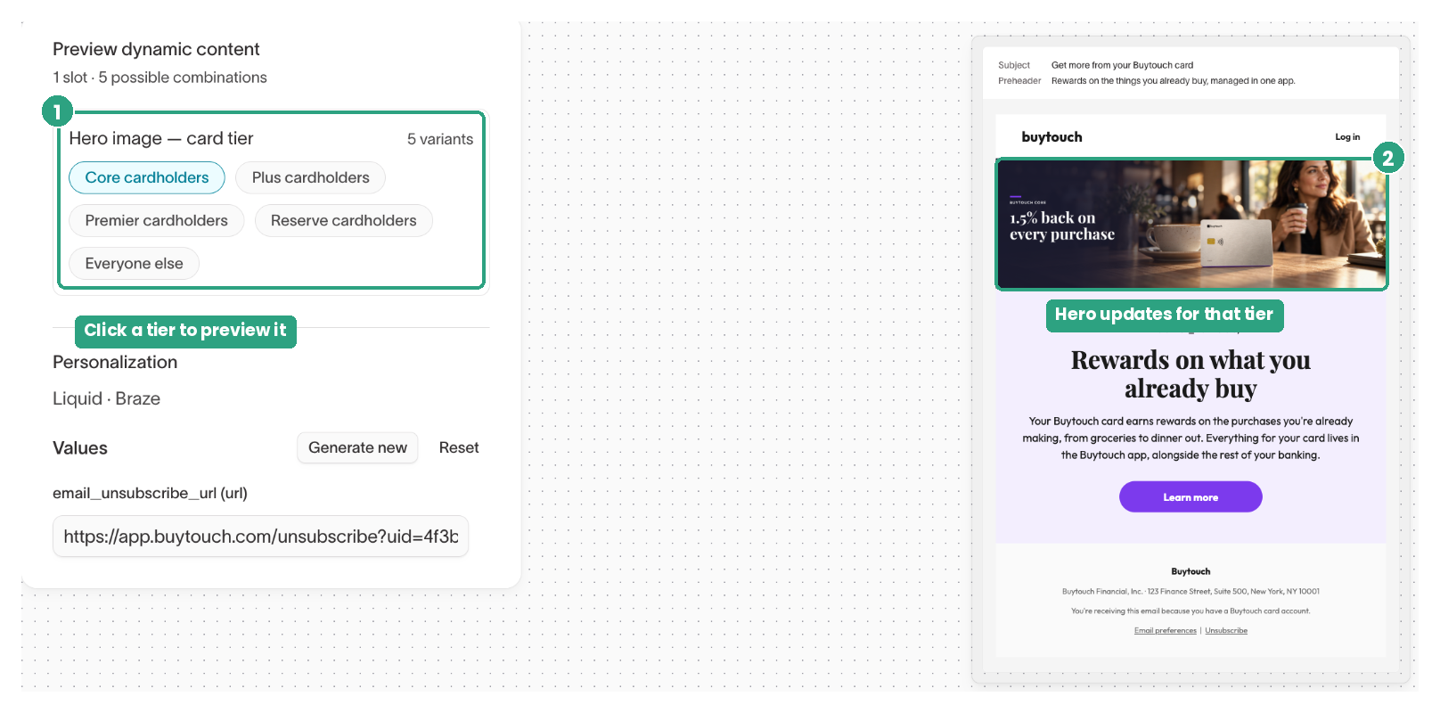 Preview dynamic content panel with Core cardholders selected and the email preview showing the Core hero image