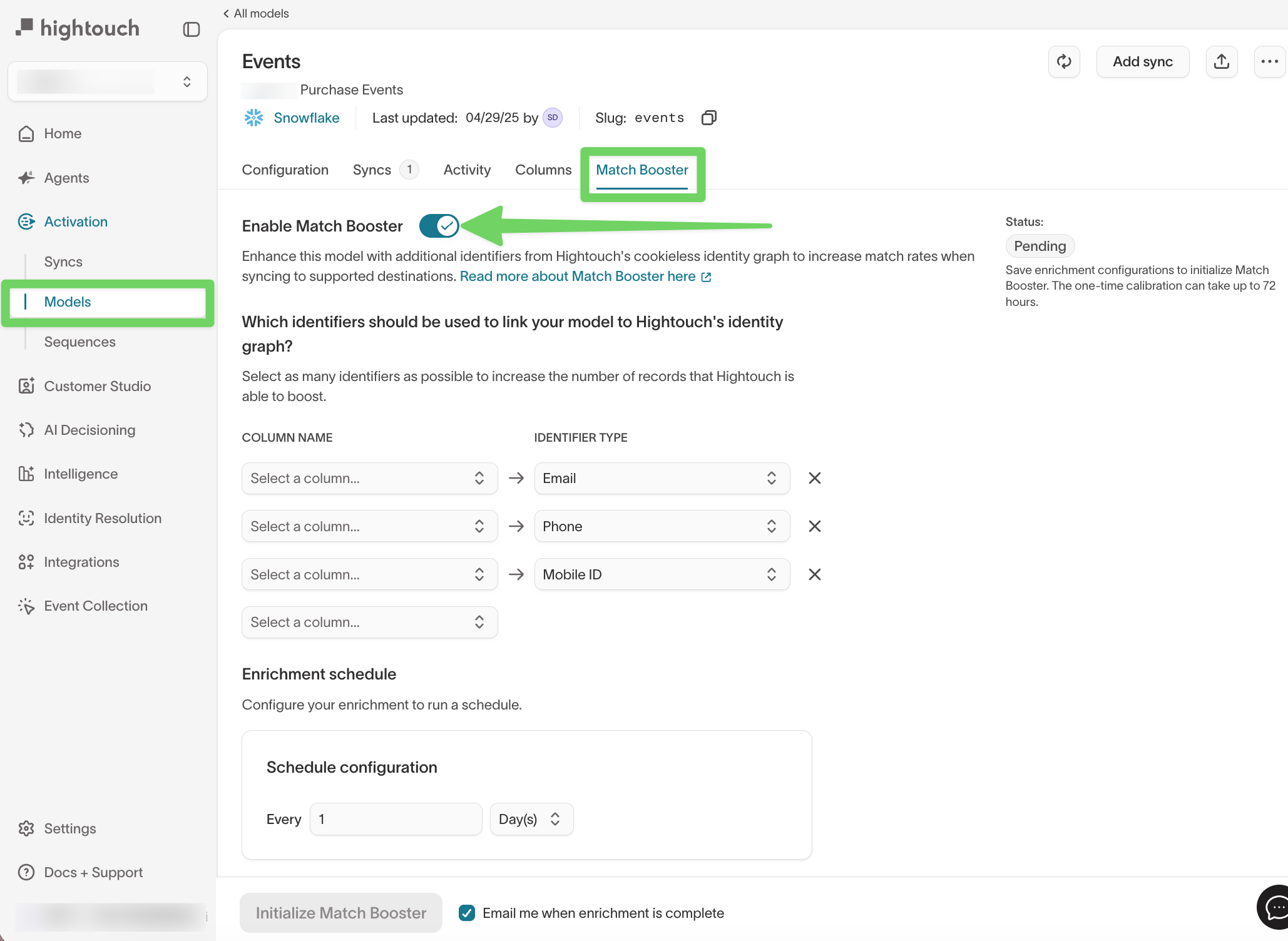 Enable Match Booster on a model
