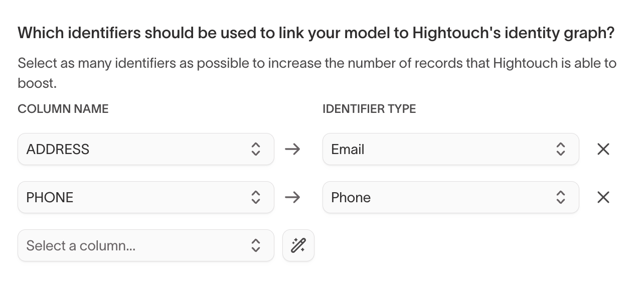 Match key mapping UI showing warehouse columns mapped to identifier types.