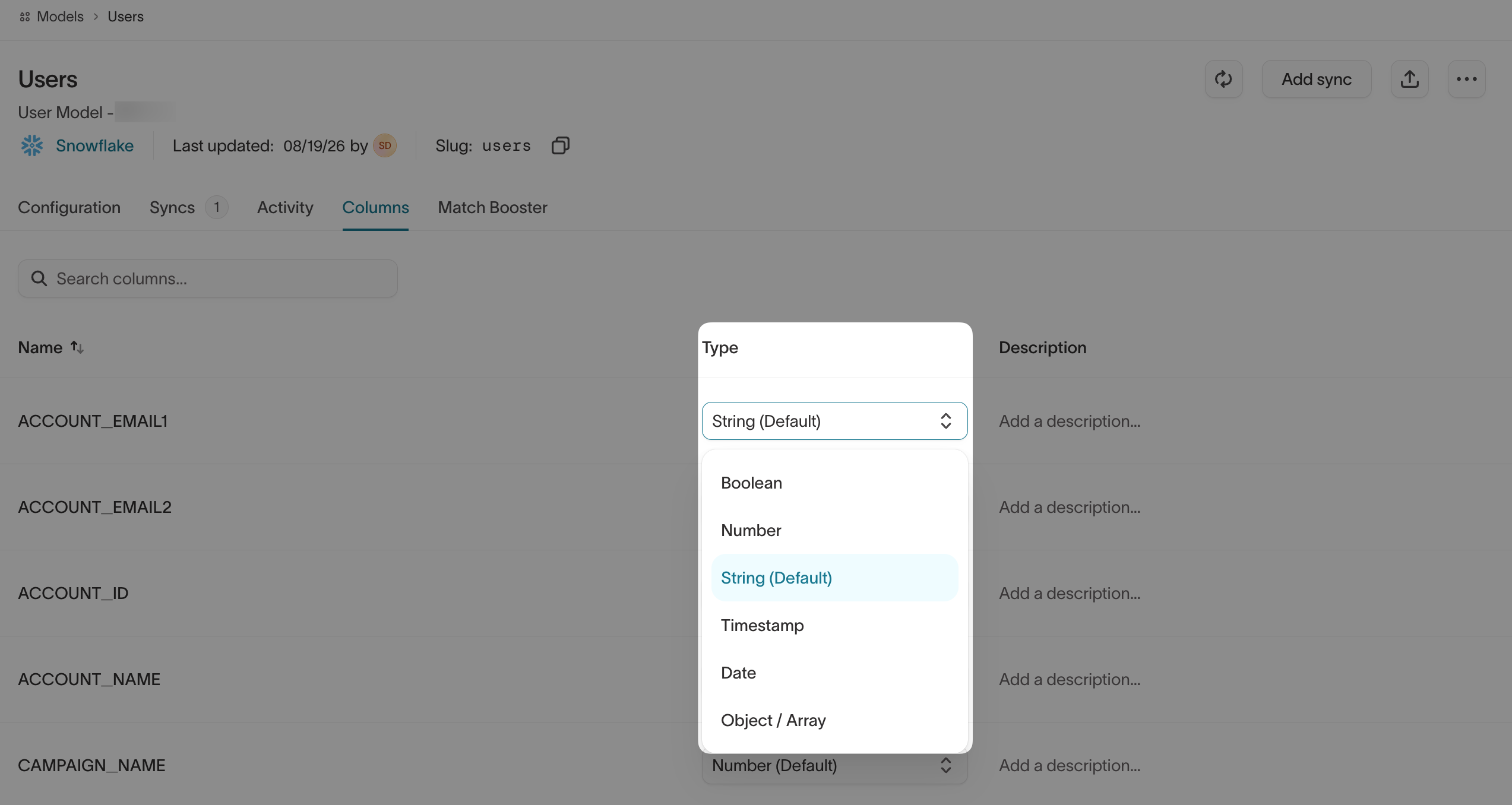 The column type picklist open, showing the available data types