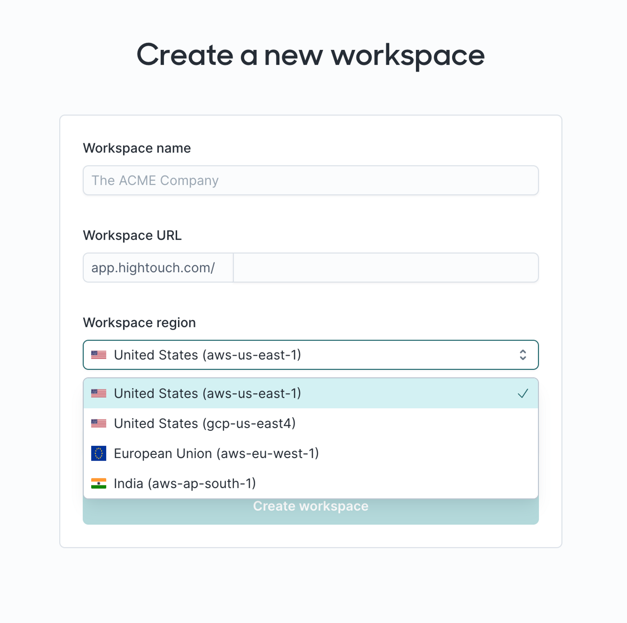 Selecting a region from the Hightouch UI