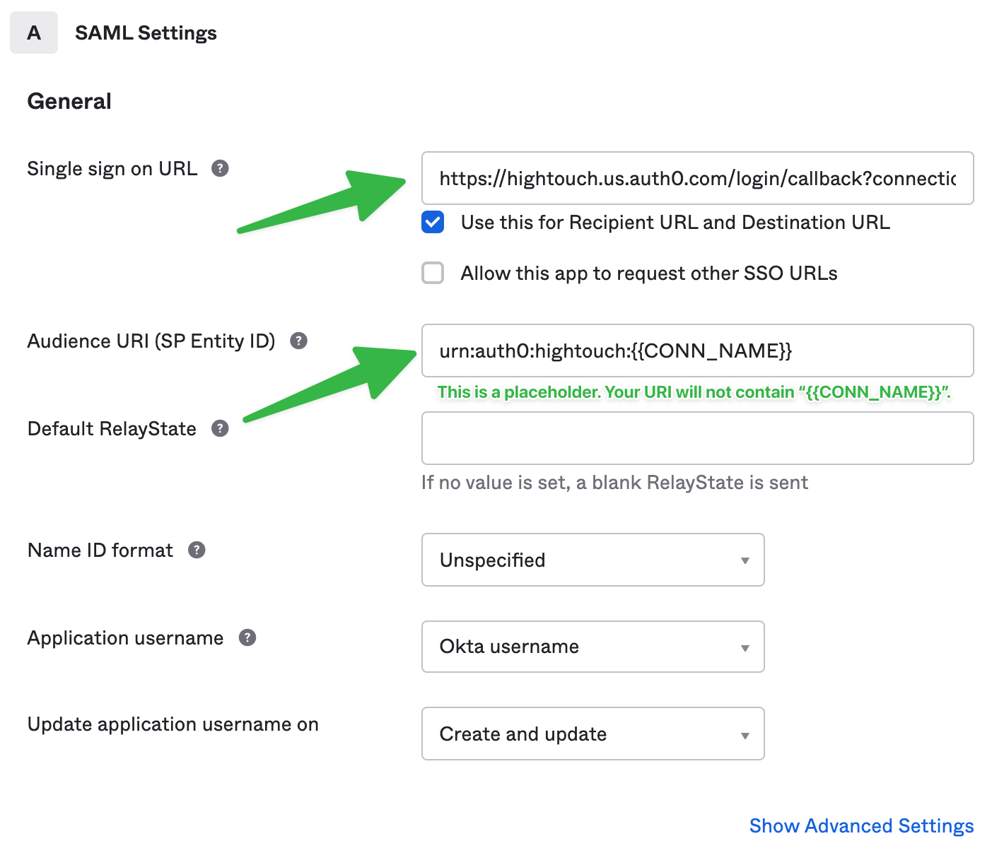 Okta SAML settings