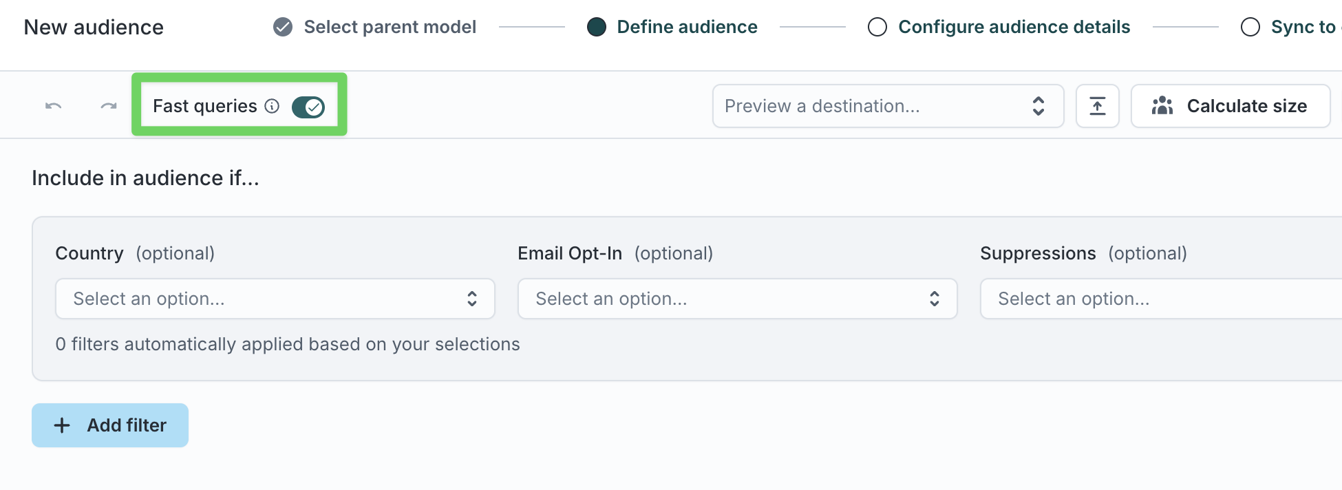 Fast queries toggle in Customer Studio