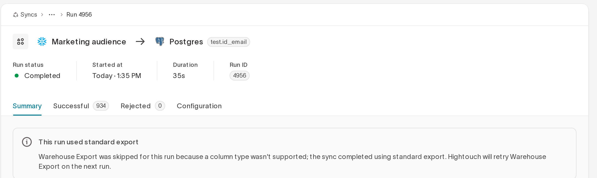 A sync run summary noting that the run used standard export after a one-off Warehouse Export issue, and will retry Warehouse Export on the next run.