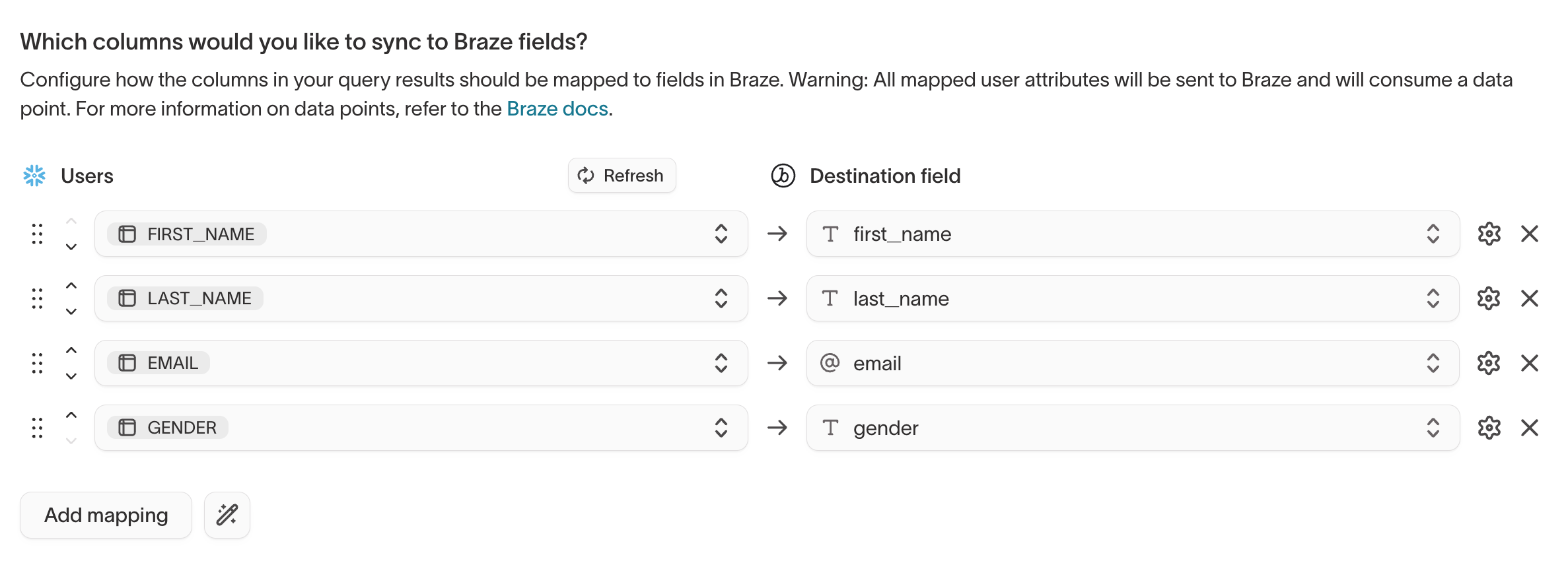Mapping model columns to Braze fields