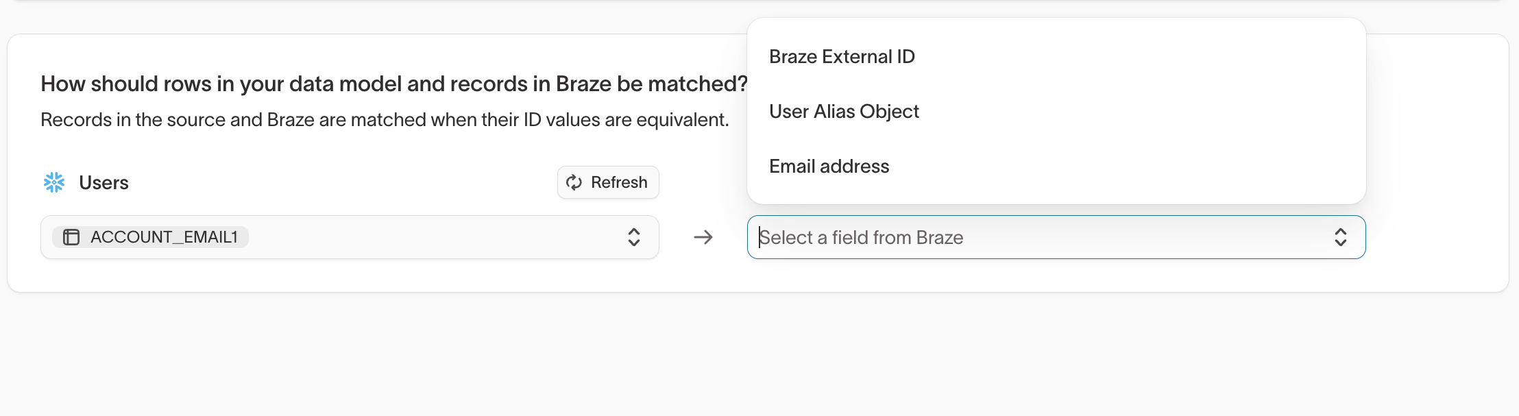 Selecting the Braze field to match on